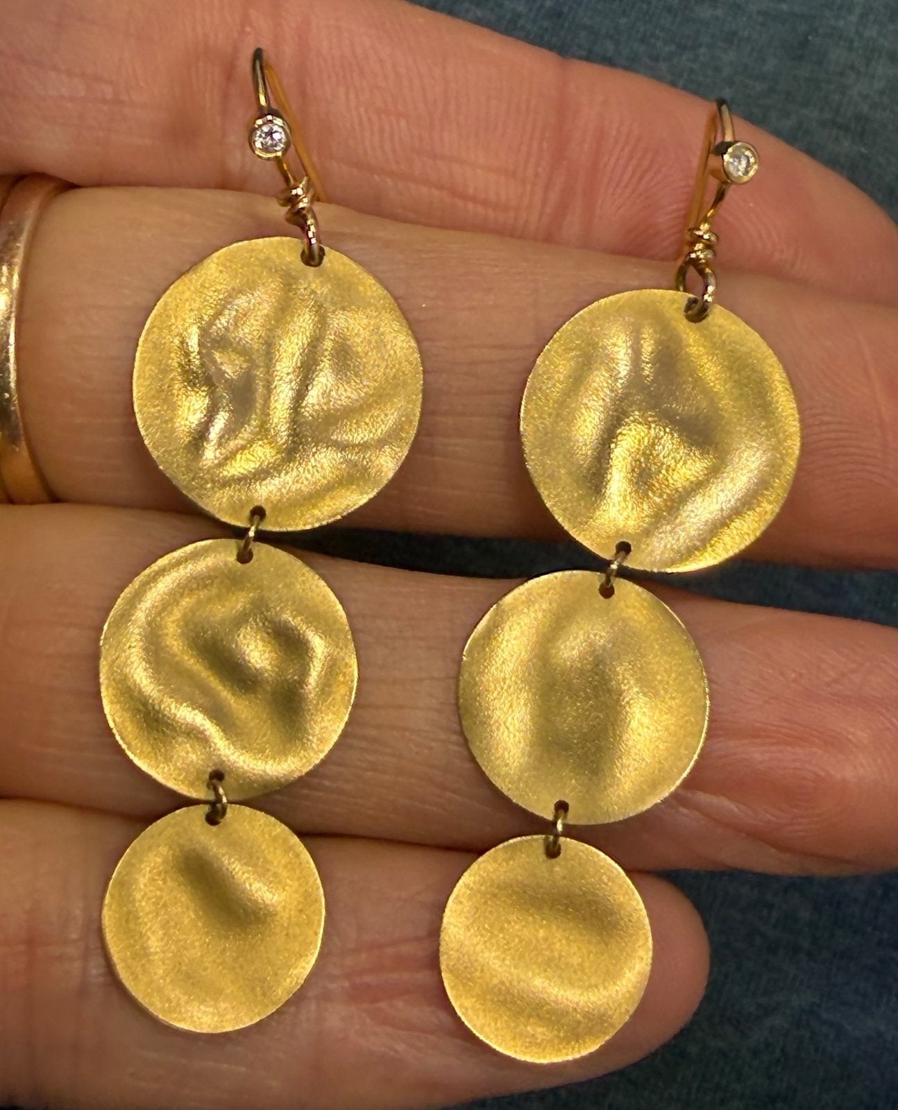 14k Yellow Gold 2" Hammered 3 Disk Dangle Earrings w Diamonds. Designer