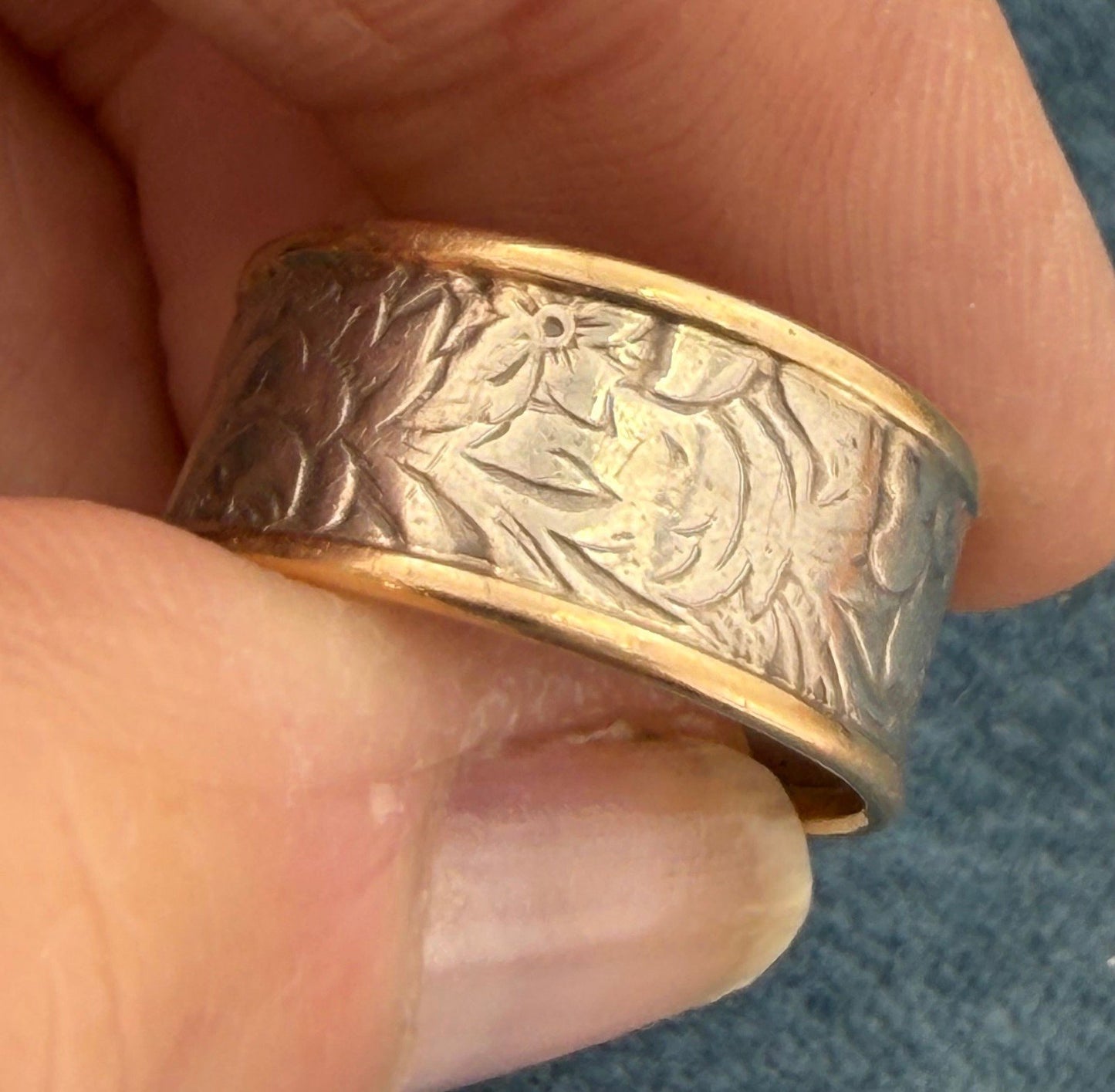14k Yellow Gold + 925 Floral Engraved Wide Cigar Band Ring. Designer Ed Levin