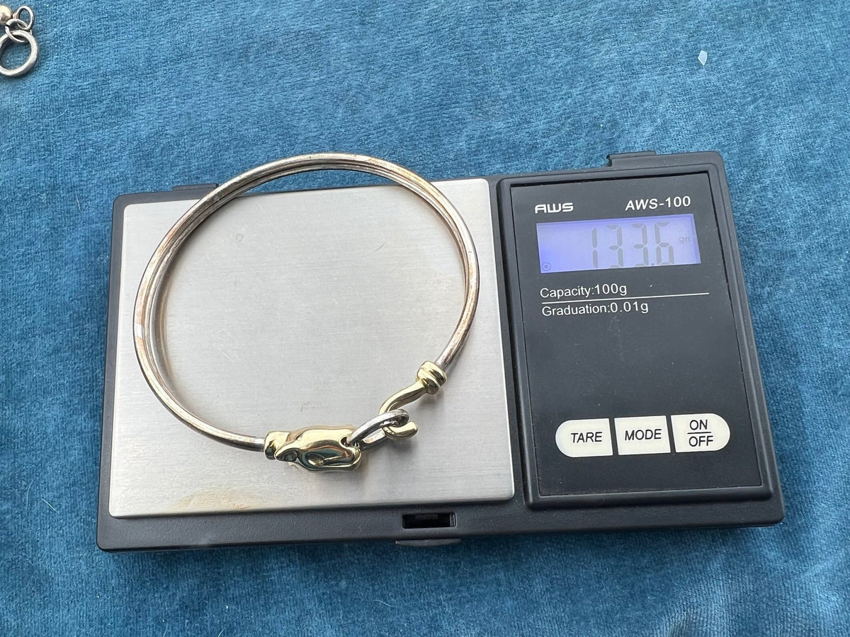 14k Yellow Gold & 925 LEOPARD Bangle Bracelet. Diamond Clasp. 13g