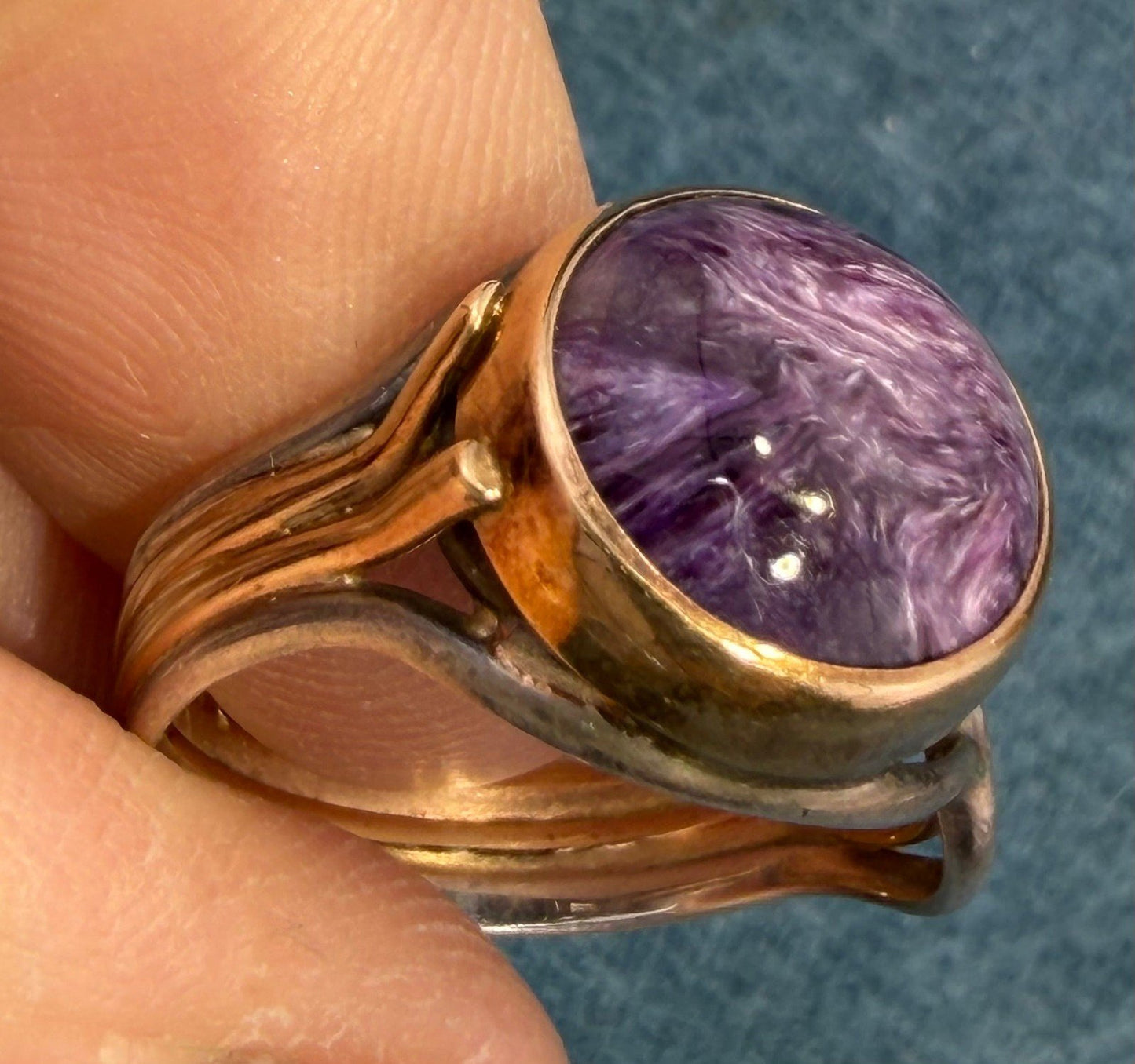 14k Yellow Gold + 925 Silver Charoite Ring. Lavender Purple Swirl