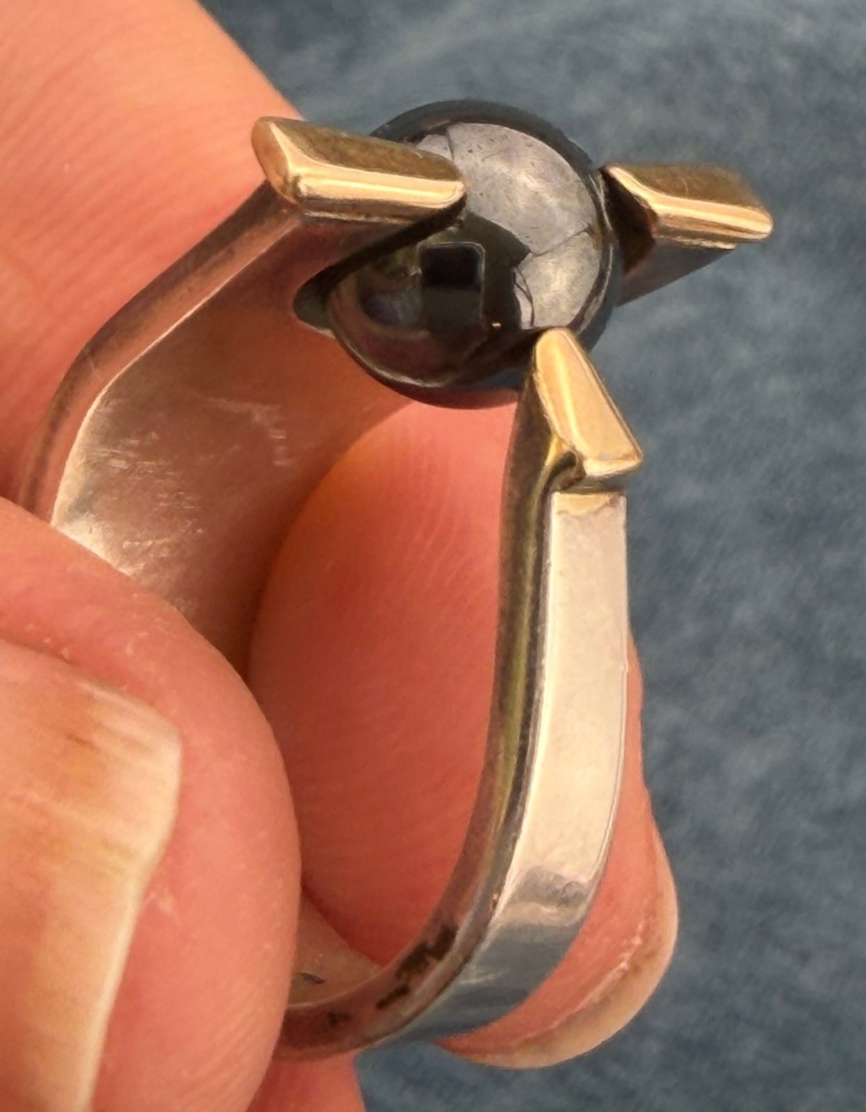 14k Yellow Gold + 925 Silver Hematite Ball Wide Ring. Modernist