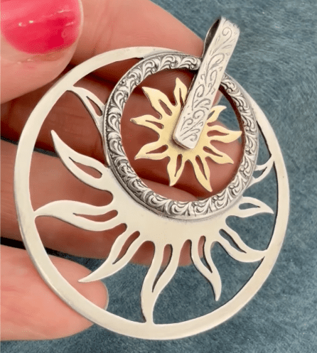 14k Yellow Gold & 925 Sunbursts Circle Pendant. 2" + 12g. Spins *Video*