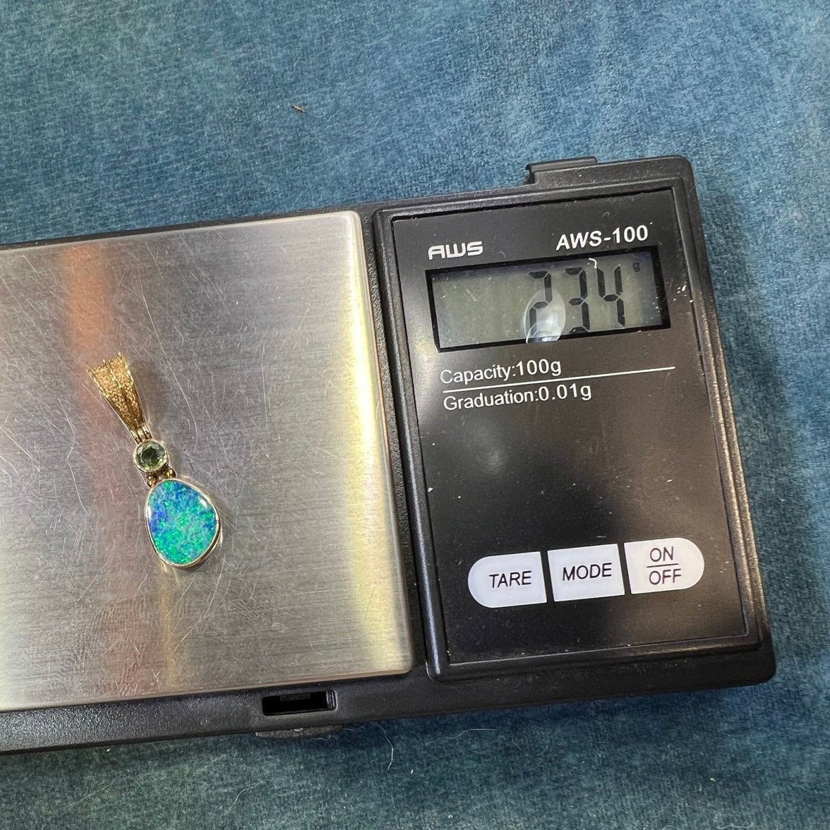 14k Yellow Gold Australian Boulder Opal Pendant w Peridot. Bezel-Set