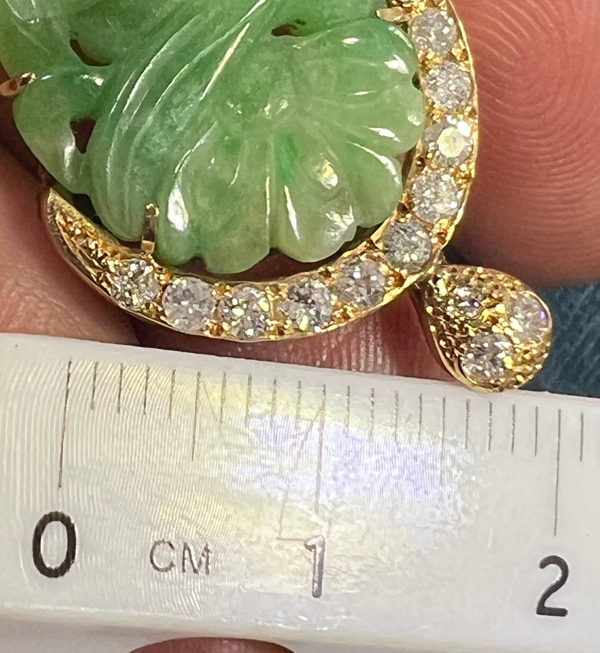 14k Yellow Gold Carved Jade Flower Pendant w Diamond Halo