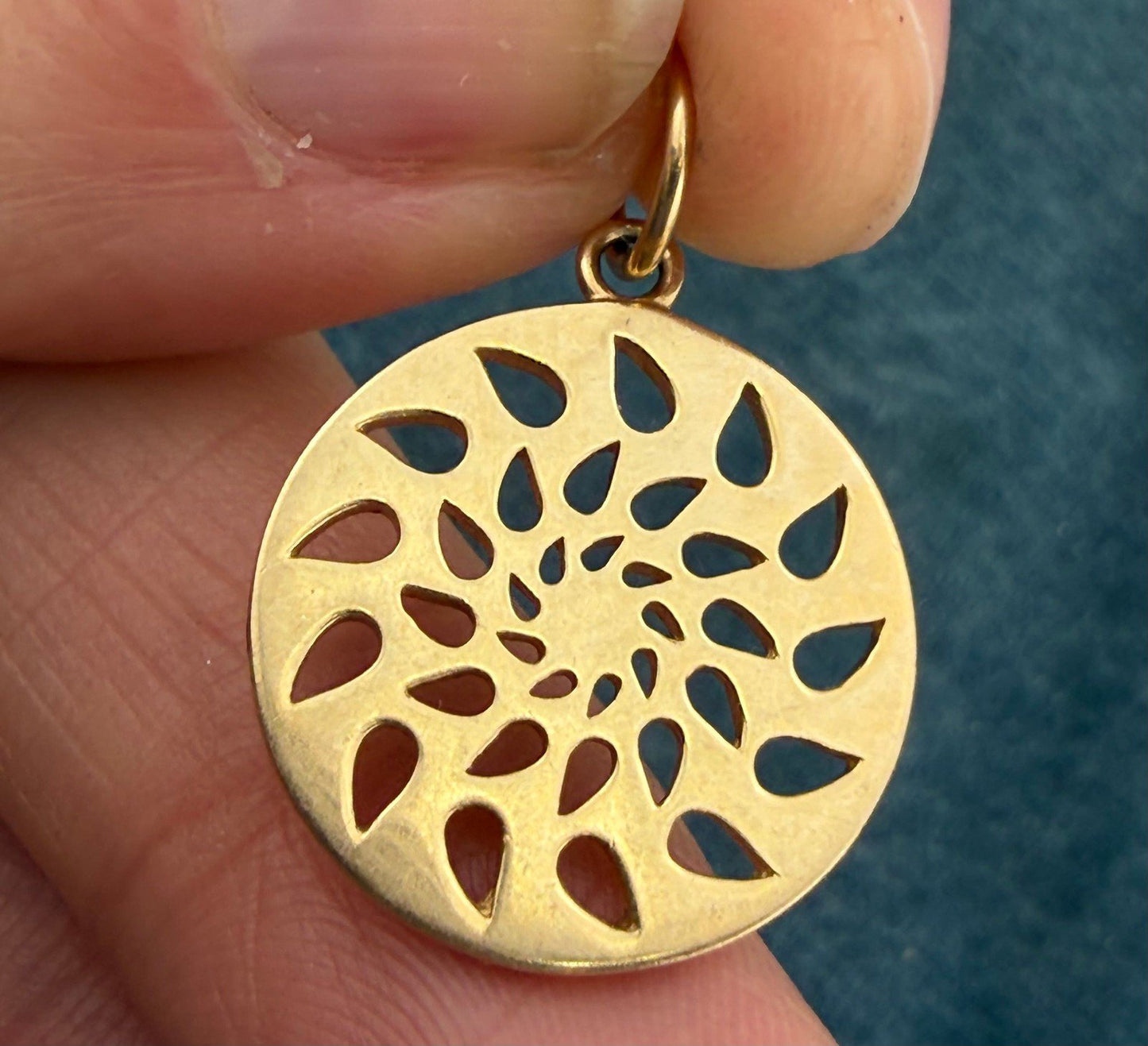 14k Yellow Gold Cut-Out Tear Drops Sun Burst Mandala Pendant. Phillips House.