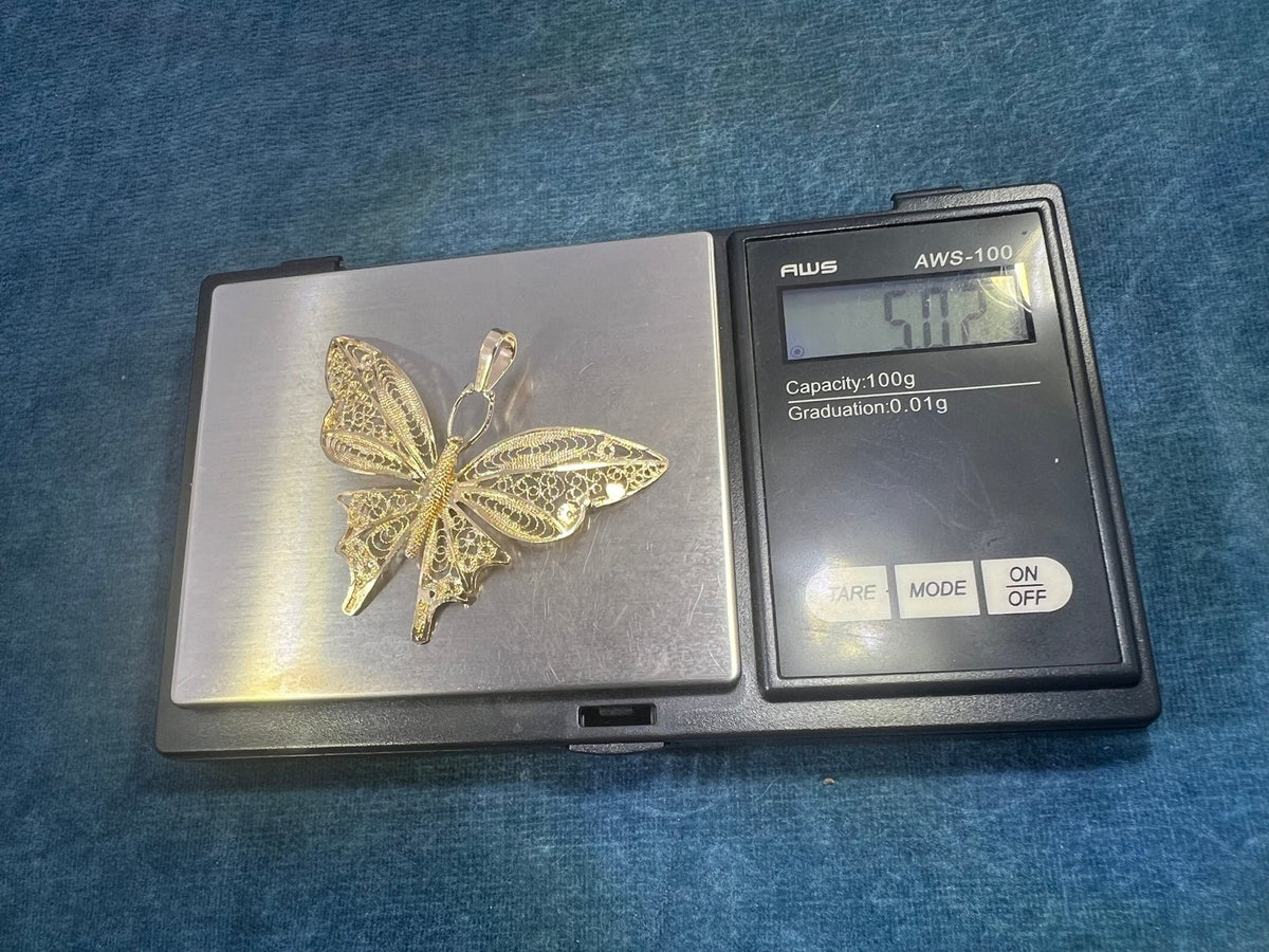 14k Yellow Gold Filigree Cantinelle Butterfly Pendant. 2" + 5g