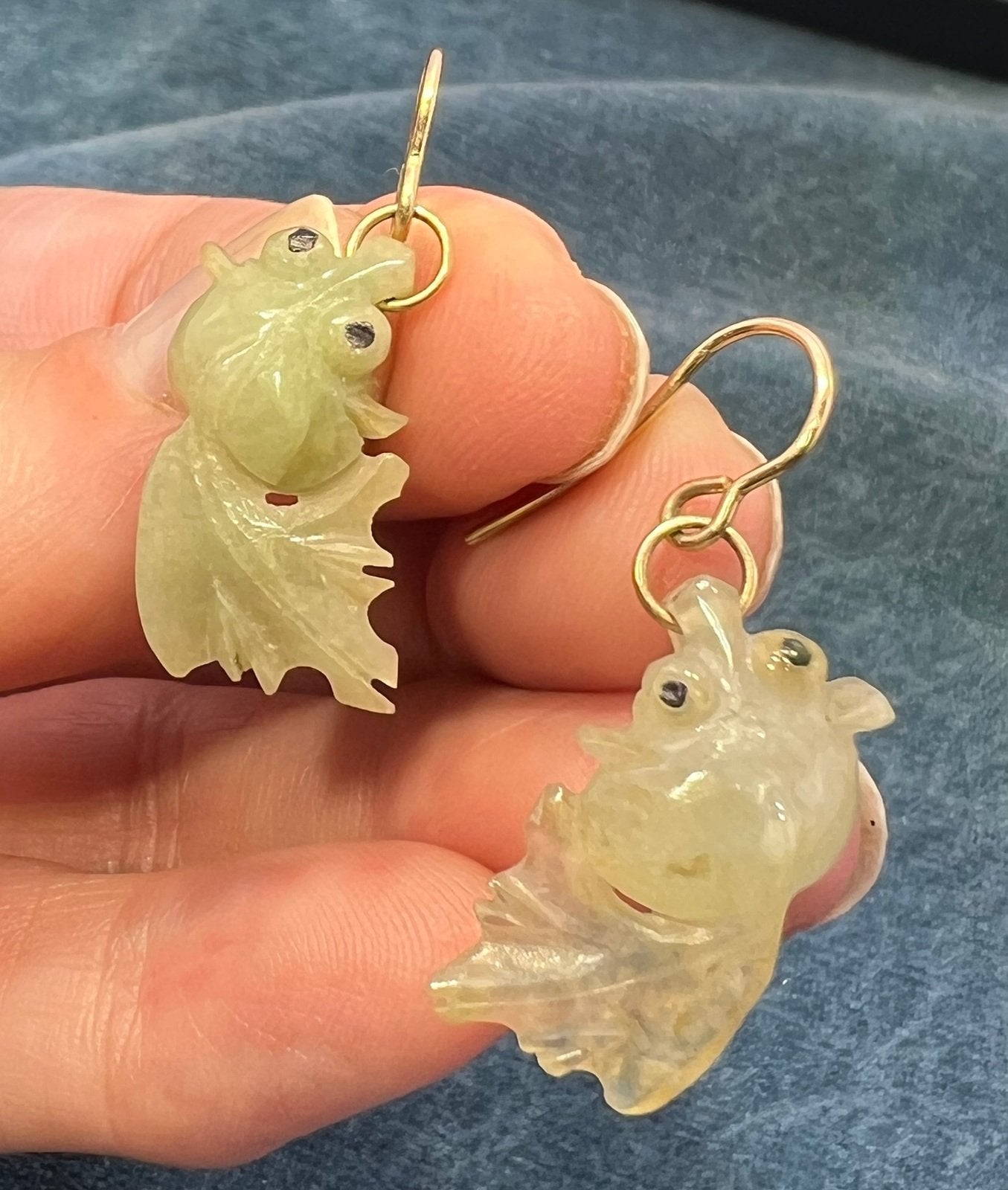 14k Yellow Gold Green Jade Carved KOI Fish Earrings