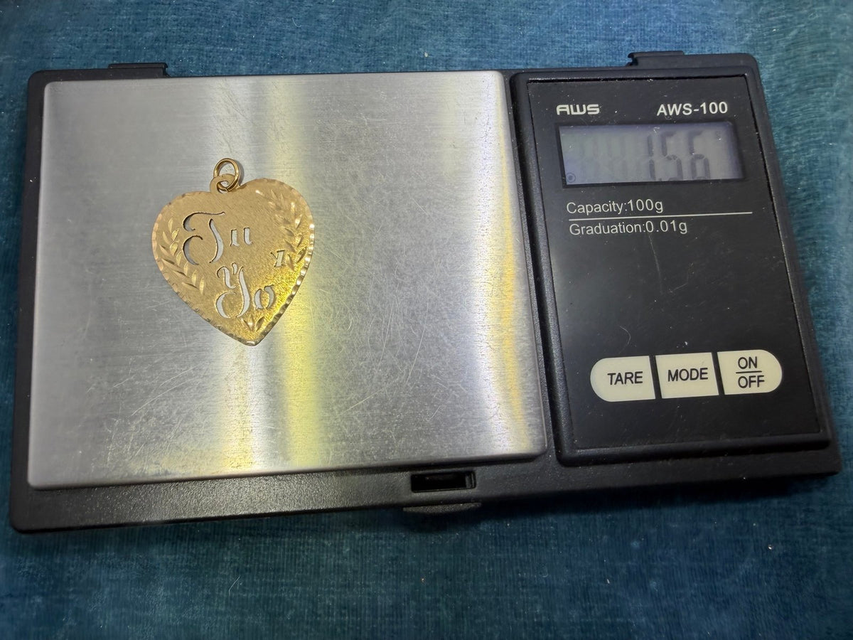 14k Yellow Gold Heart Pendant. Tu y Yo. You and Me in Espanol. 1"