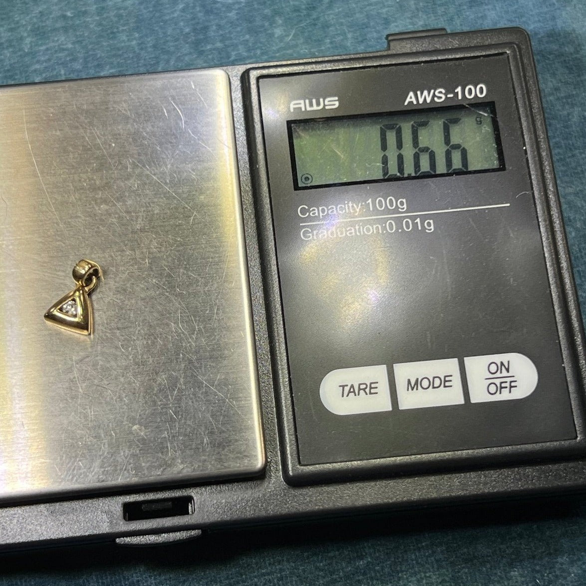 14k Yellow Gold Round Diamond Solitaire in Triangle Pendant. TINY!
