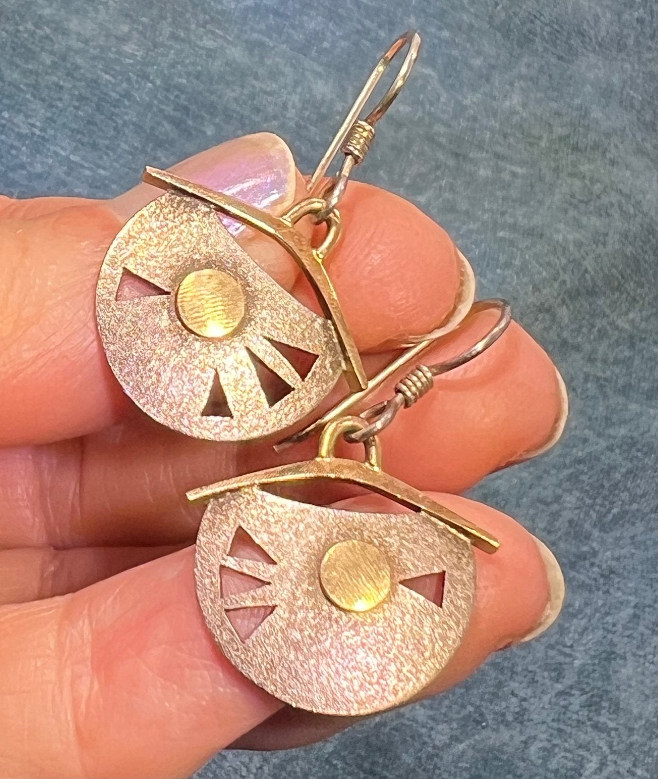 14k Yellow Gold + Sterling Silver Artisan Dangle Drop Geometric Earrings