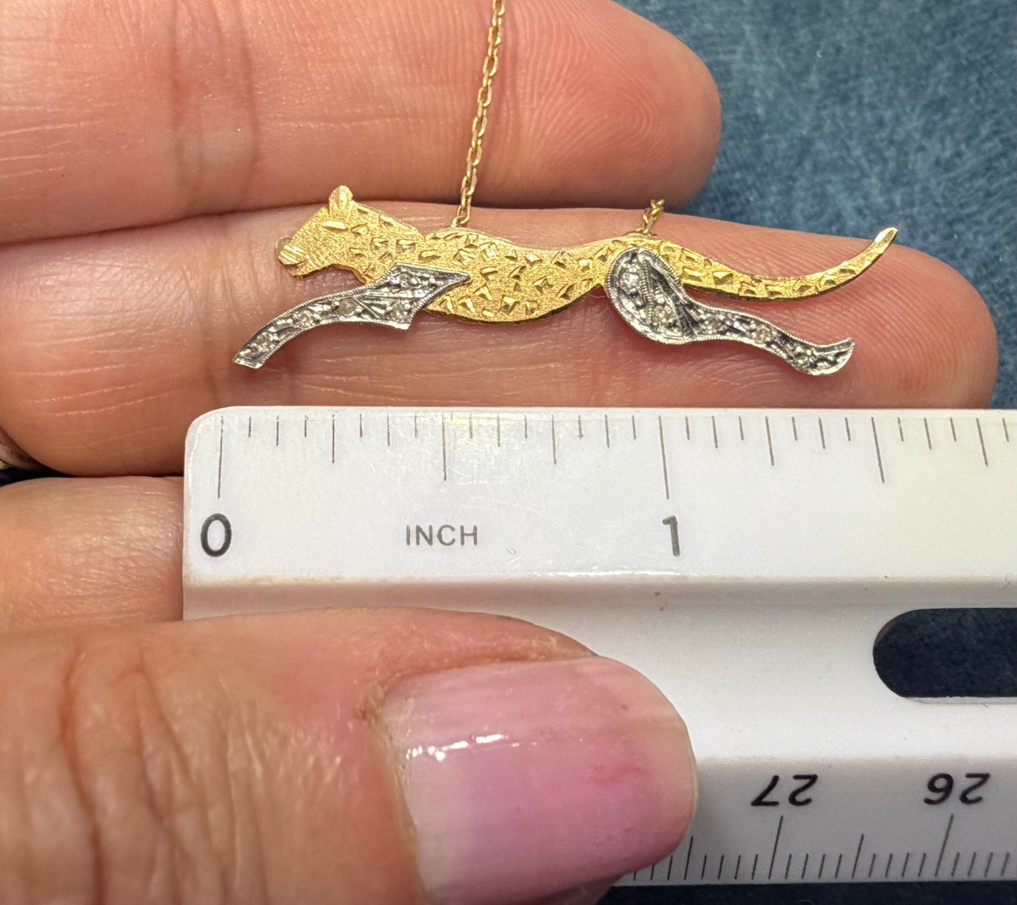 14k Yellow + White Gold Diamond Panther Cheetah Pendant w Chain Necklace