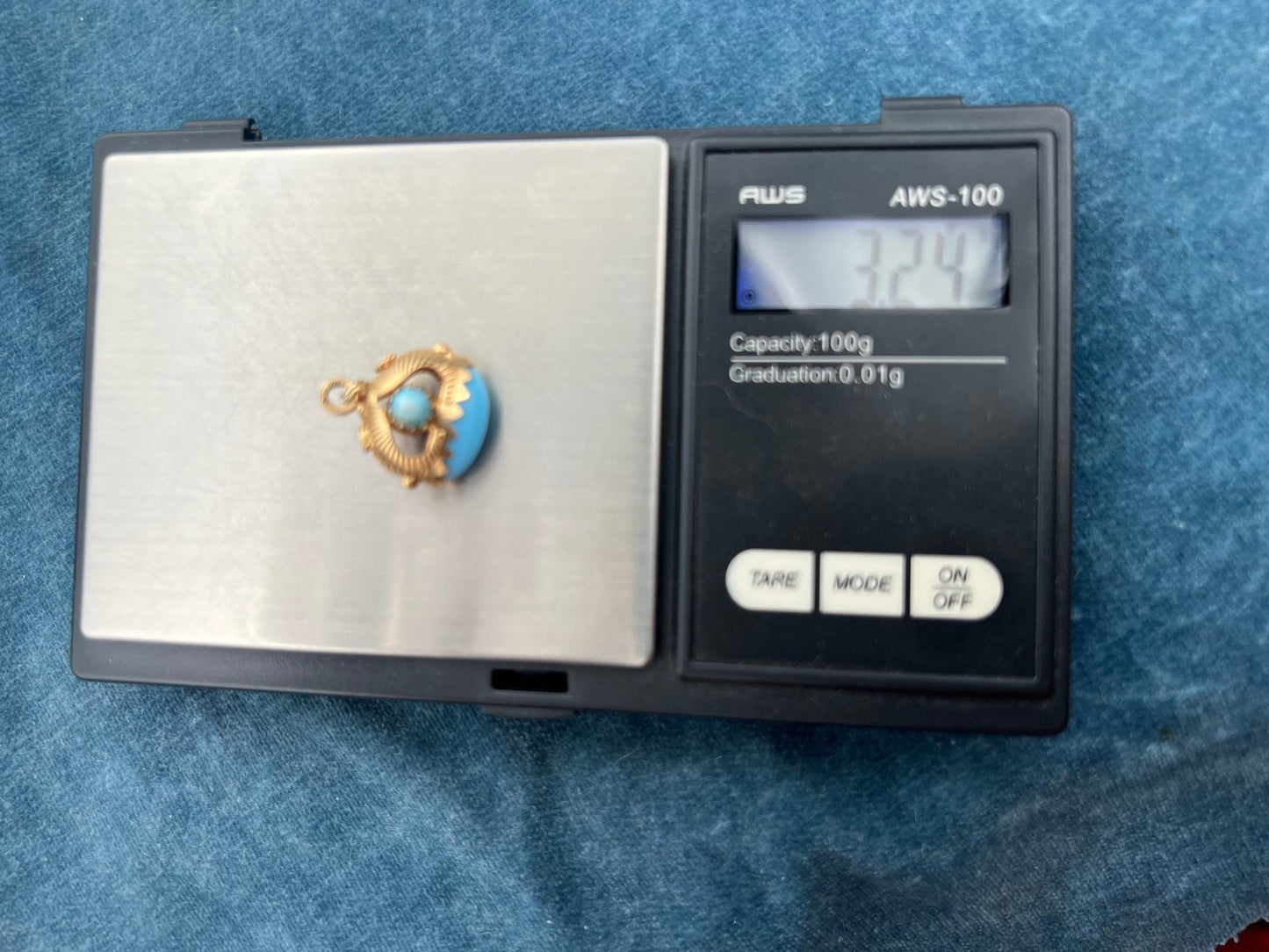 18k Gold 3-D Watch Fob Victorian Pendant. Blue + Red Gems