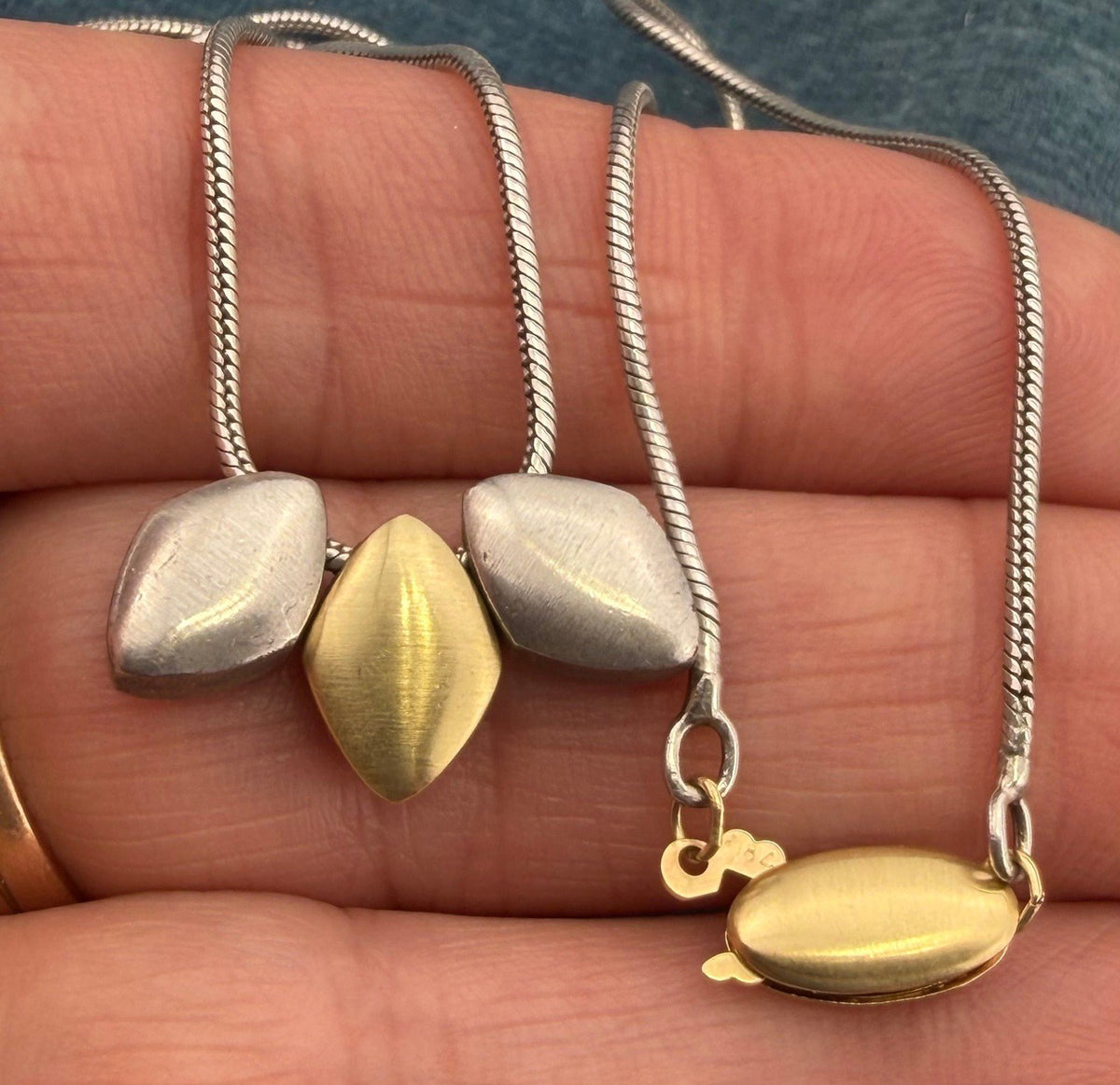 18k Gold + 925 Silver Geometric Pendants on Silver Snake Chain Necklace. Modern BALL