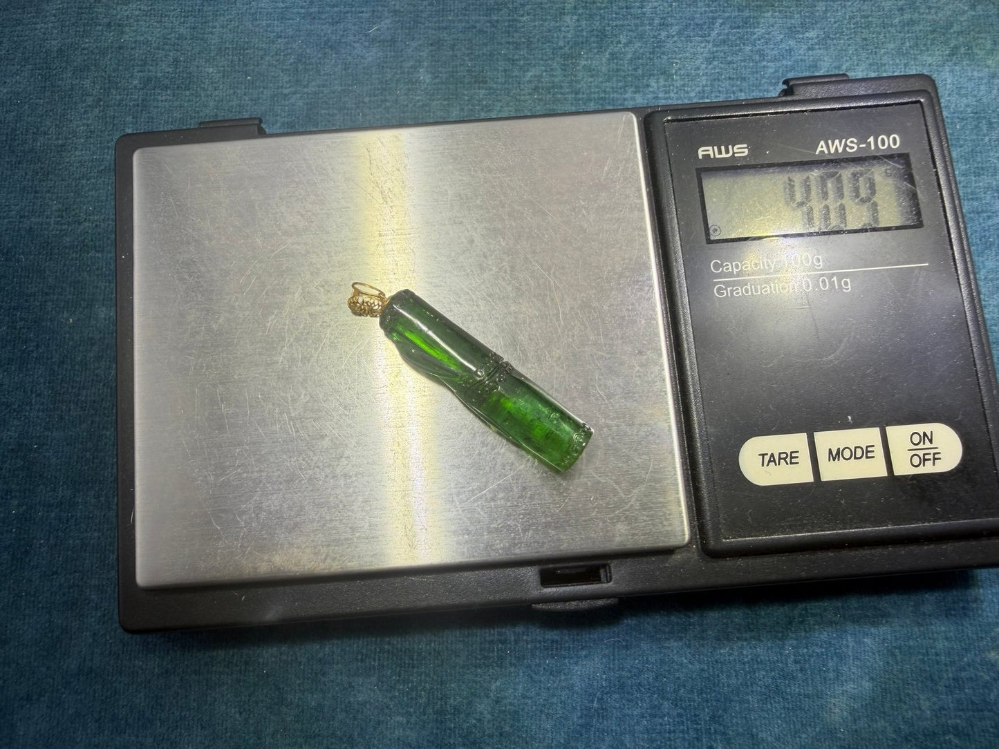 18k Gold Carved Green Tourmaline BAMBOO Pendant. Large 1.5" *Video*