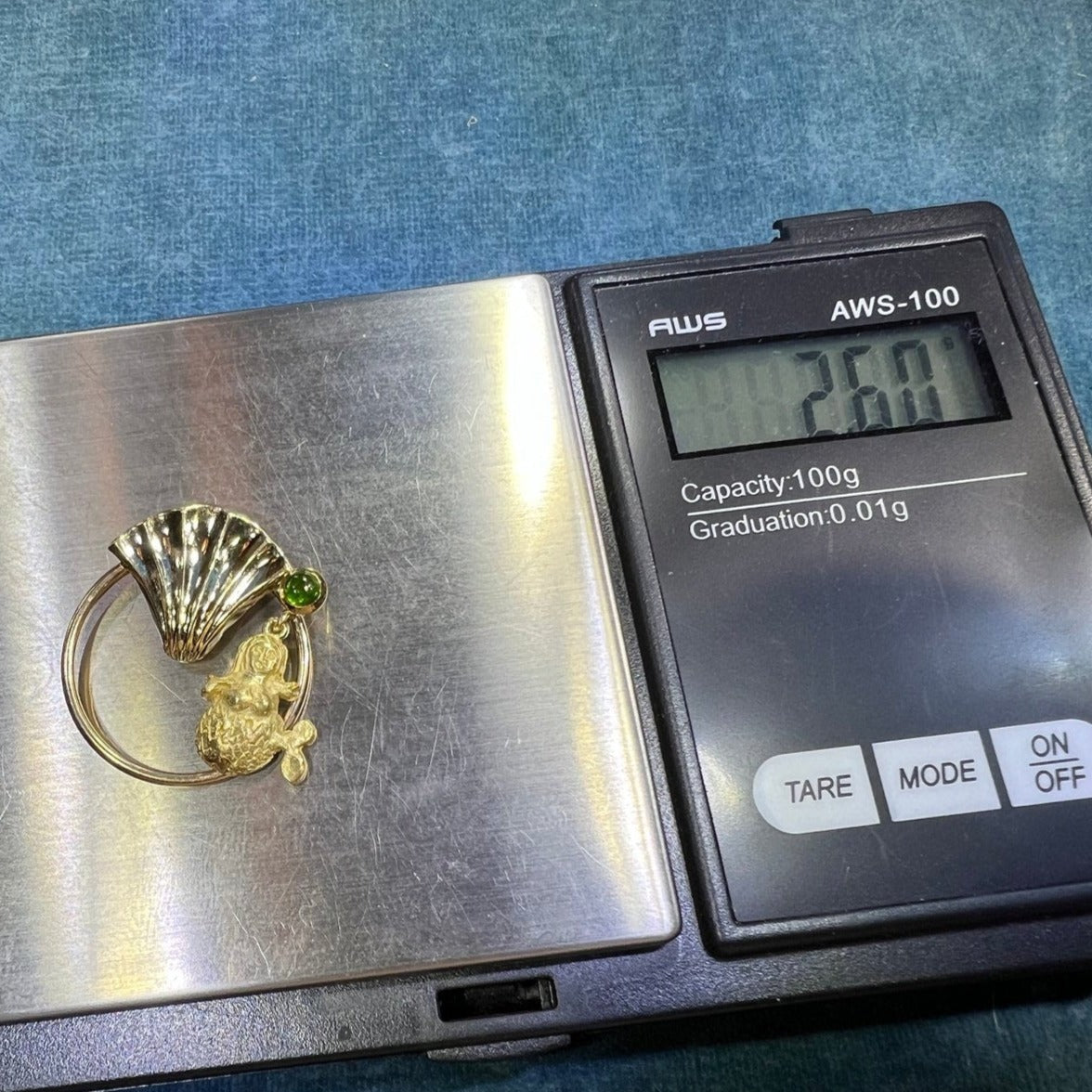 18k Gold Chubby Mermaid in 14k Seashell Circle Pendant. Tourmaline