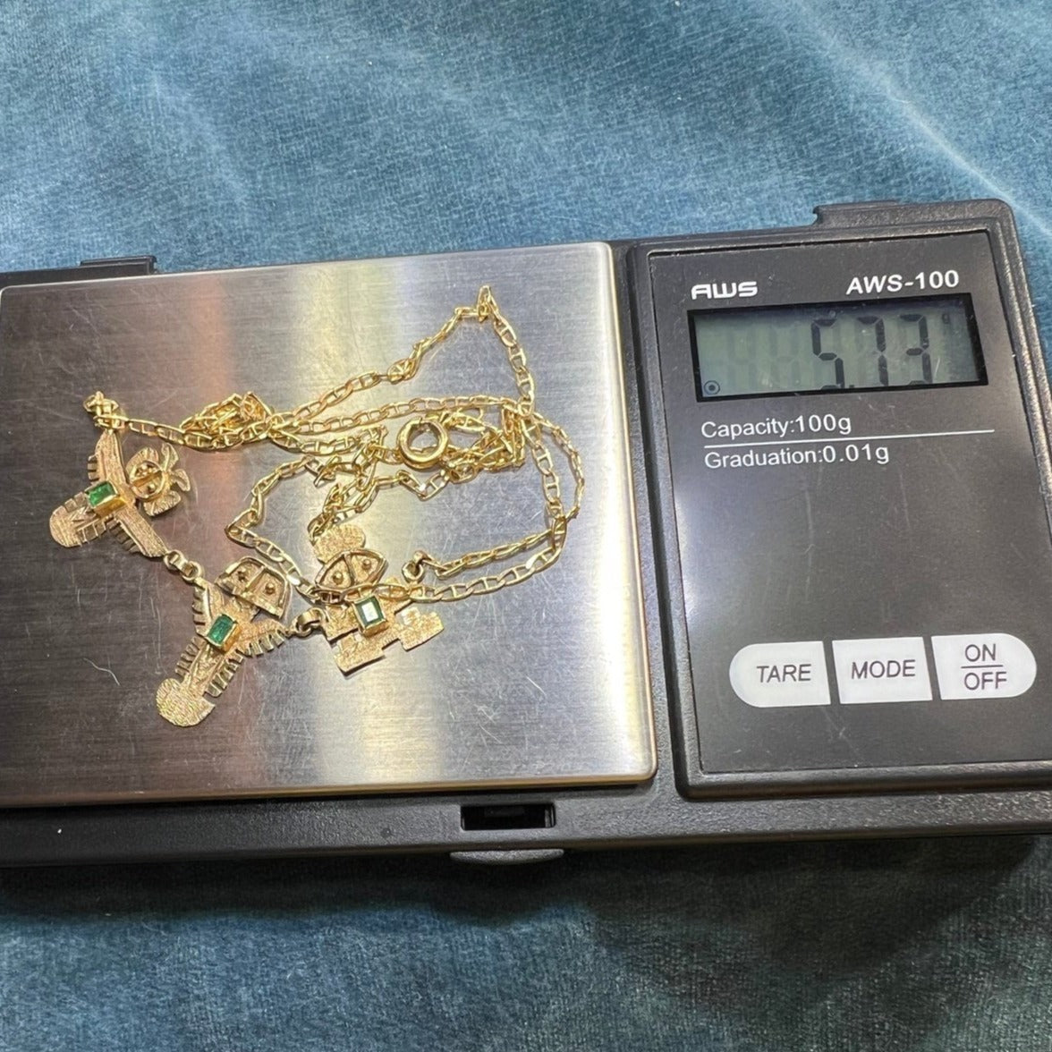18k Gold Columbian Emerald Aztec 3 GODS Pendant Necklace *RARE*