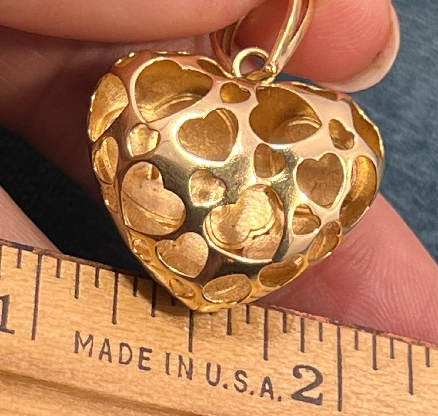 18k Gold Designer Heart Pendant. Reversible Enamel + Cut-Out Hearts