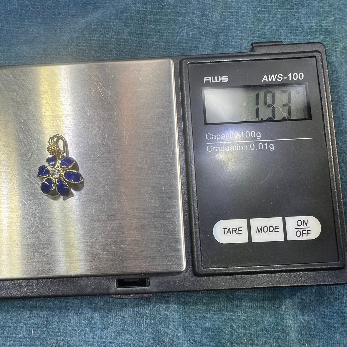 18k Gold Diamond + Cobalt Blue Enamel Daisy Pendant. Victorian