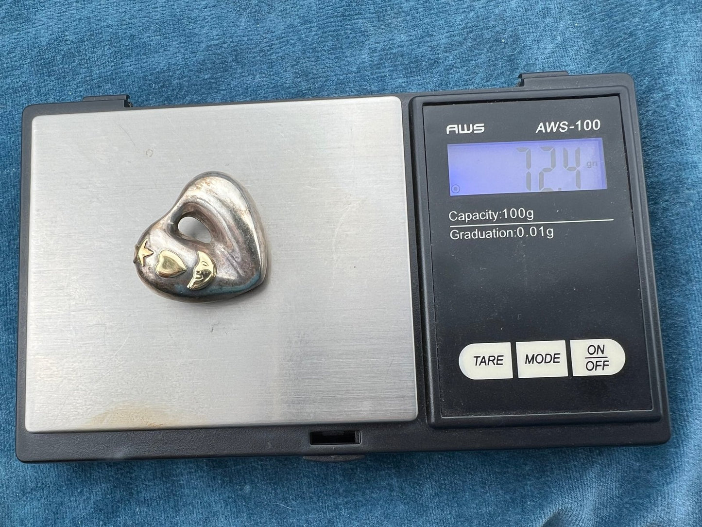 18k Gold & Silver Puffy Heart Pendant w Moon-Face Heart + Star