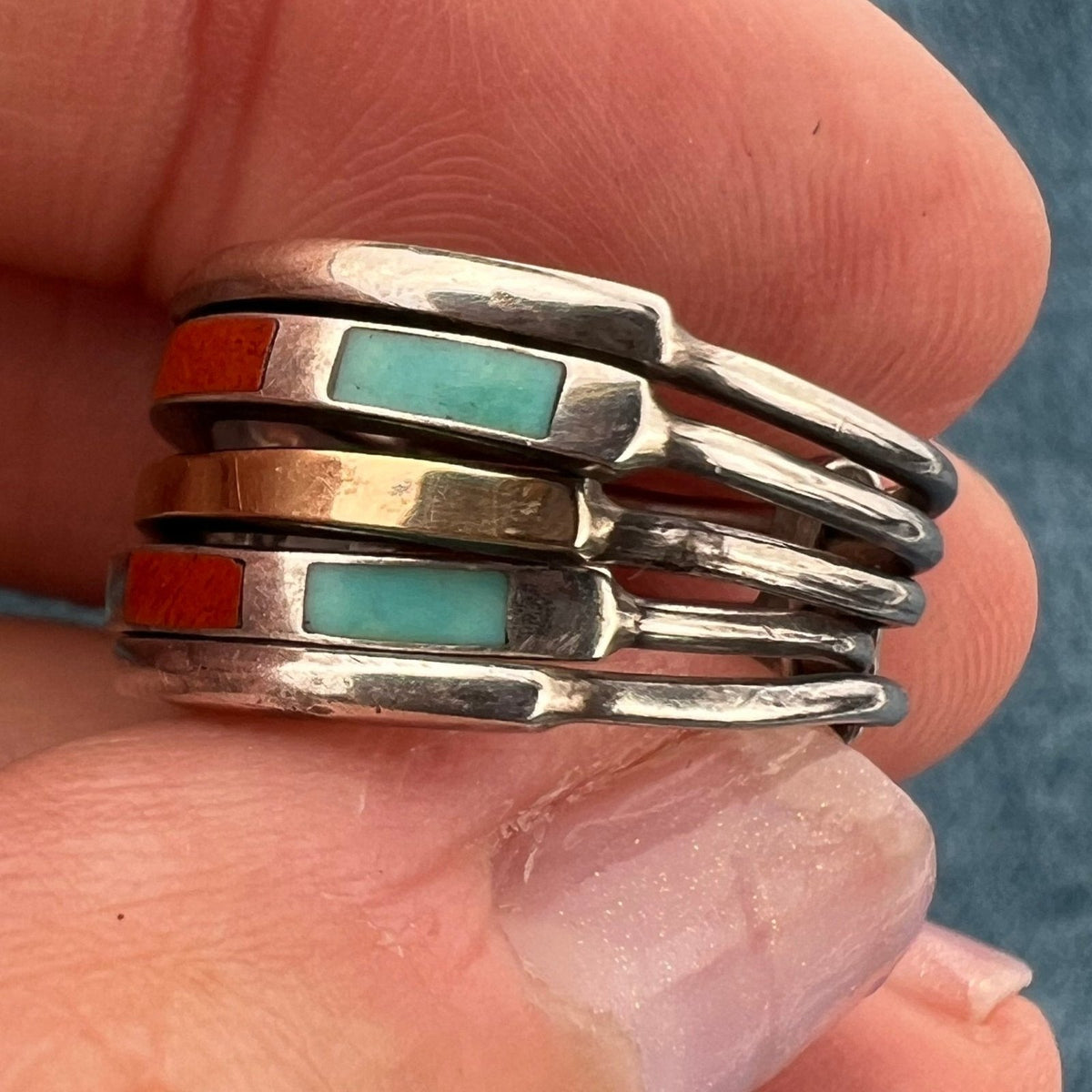 18k Gold + Sterling Silver Multi-Band Stacking Ring. Turquoise