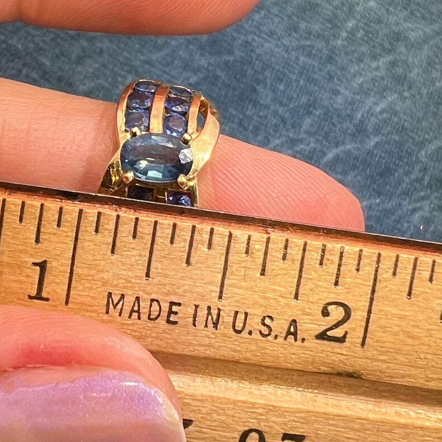18k Yellow Gold Natural Ceylon Blue Sapphire Ring. Wide Band