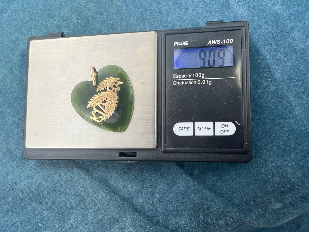 9k- 10k Gold NZ Maori 1.5" Jade Heart Pendant. KIA ORA "Be Well"