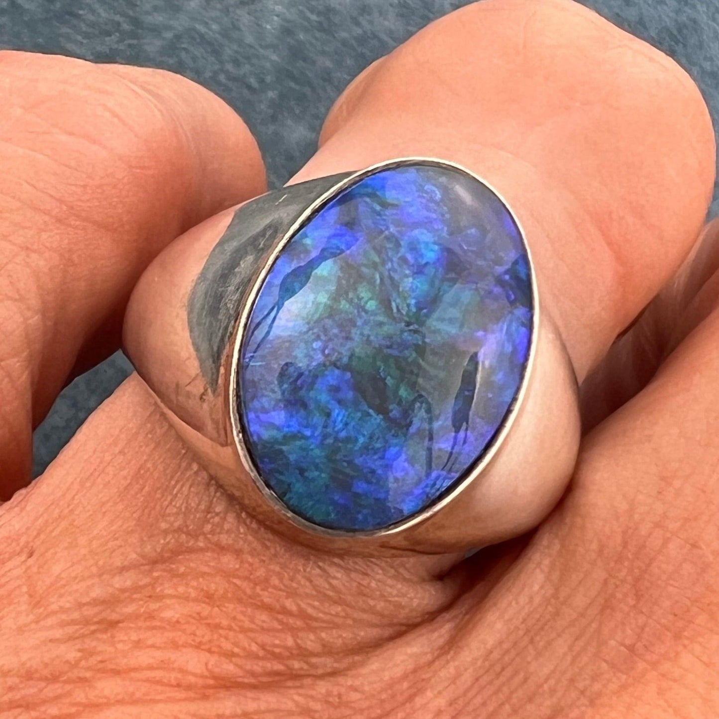 Australian Black Opal Triplet 925 Wide Signet Ring. 9g *Video*