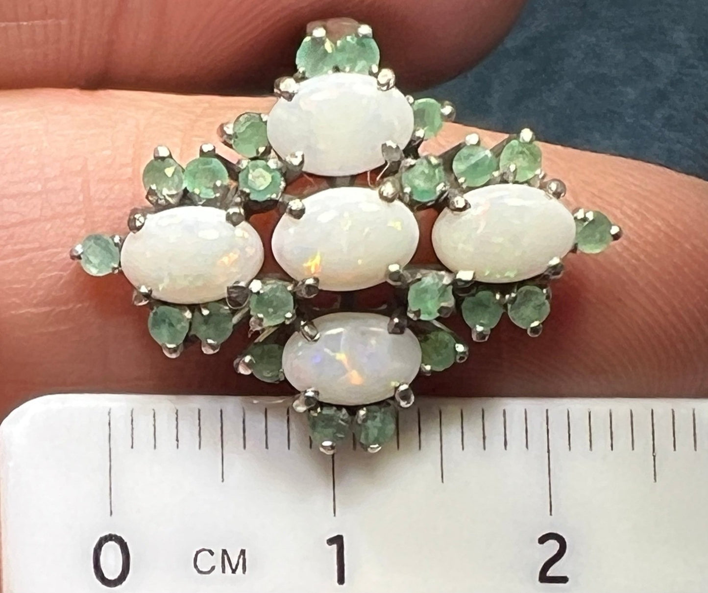 Australian Opal + Natural Emerald Diamond Shaped Ring. 1" Wide *Video*