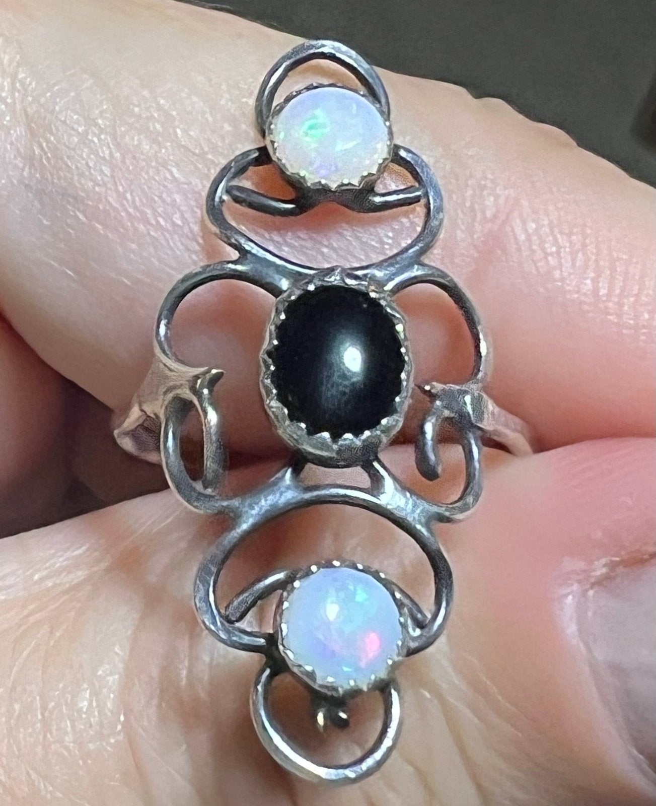 Australian Opal + Onyx 1" Wide Silver Filigree Ring Band. Navette