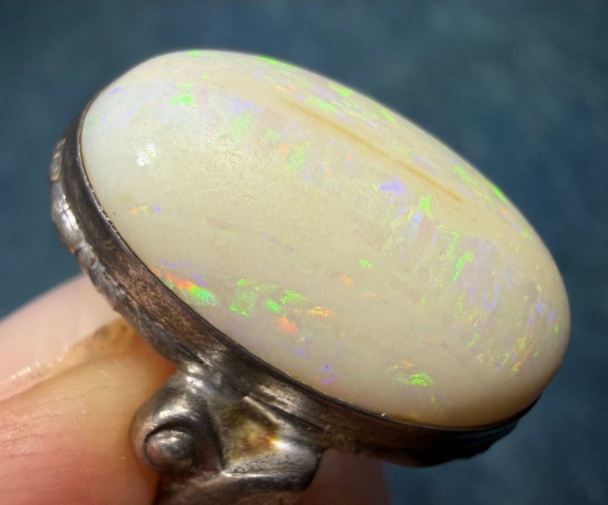 Australian Opal Ring in Sterling Silver. Green Fire 3/4" *Video*