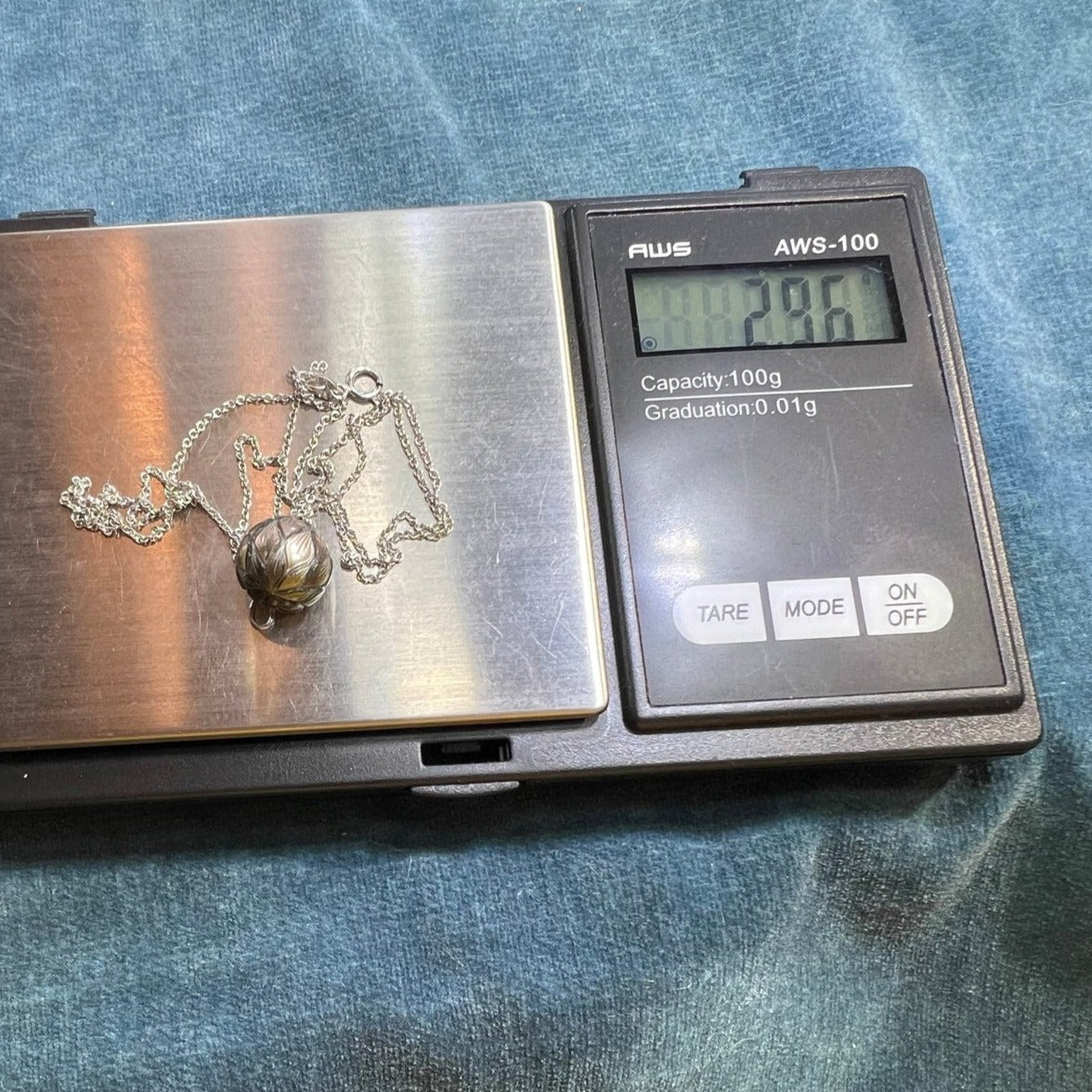 Carved Tahitian Black Pearl Silver Pendant + Chain. Lotus Blossom *Video*