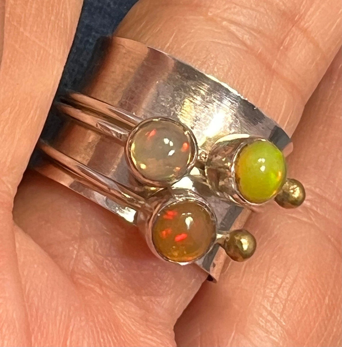 Ethiopian Opal Spinner Fidget Ring. Wide Silver Cigar Band. *Video*