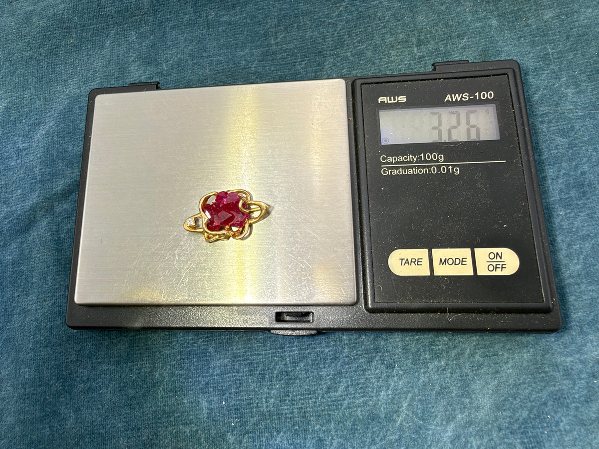 14k Yellow Gold Pendant w Raw Ruby + Diamond. 1" + 3.3g *Video*