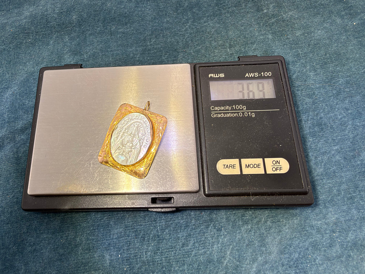 10k Yellow Gold Mother of Pearl Madonna Child Pendant. 1.25" *Video*