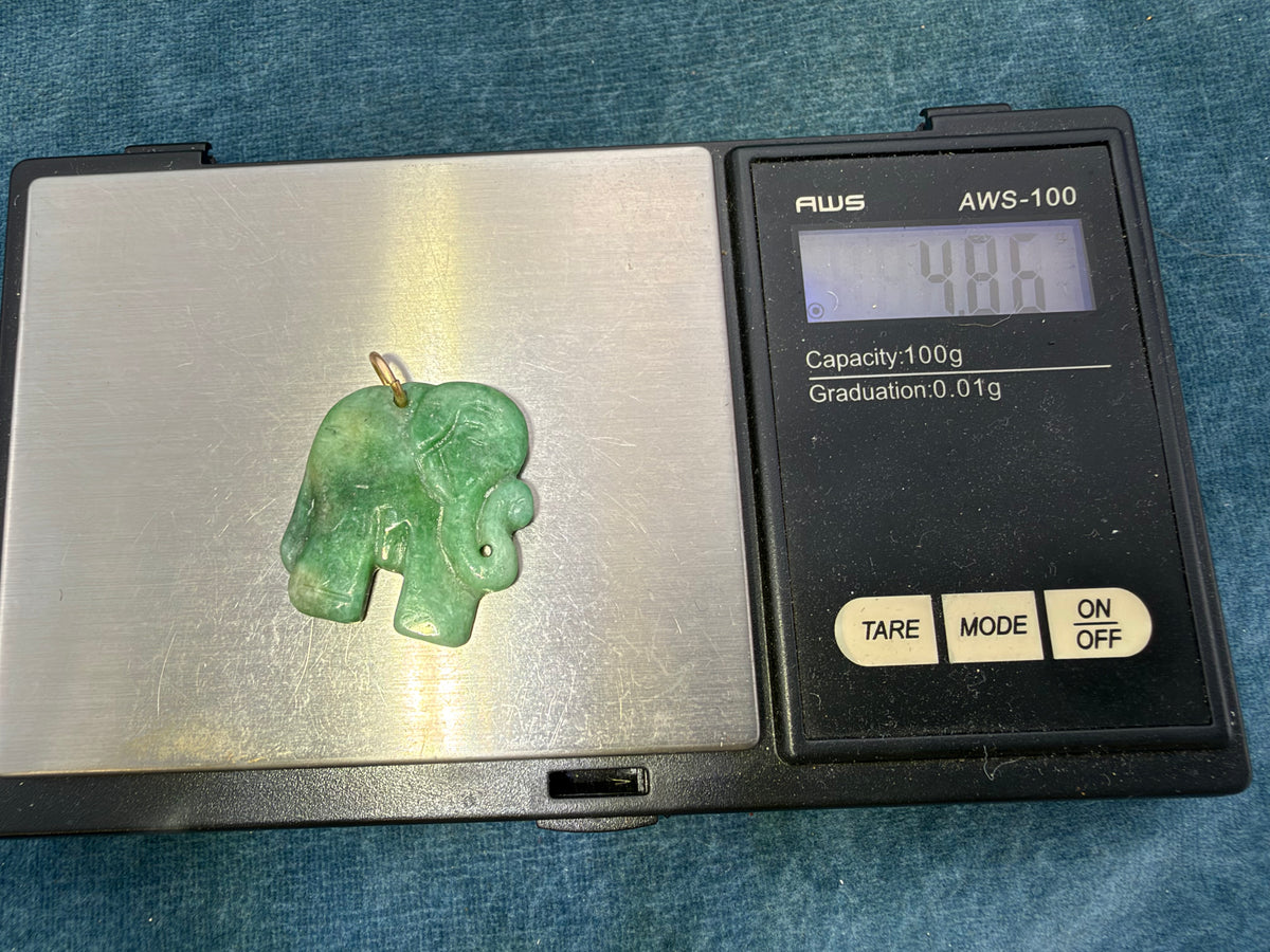 14k Gold Carved Jade ELEPHANT Pendant. 1" Apple Green