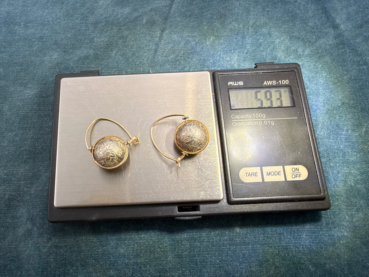 14k Yellow Gold + 925 Floral Engraved Ball Earrings. Designer Ed Levin