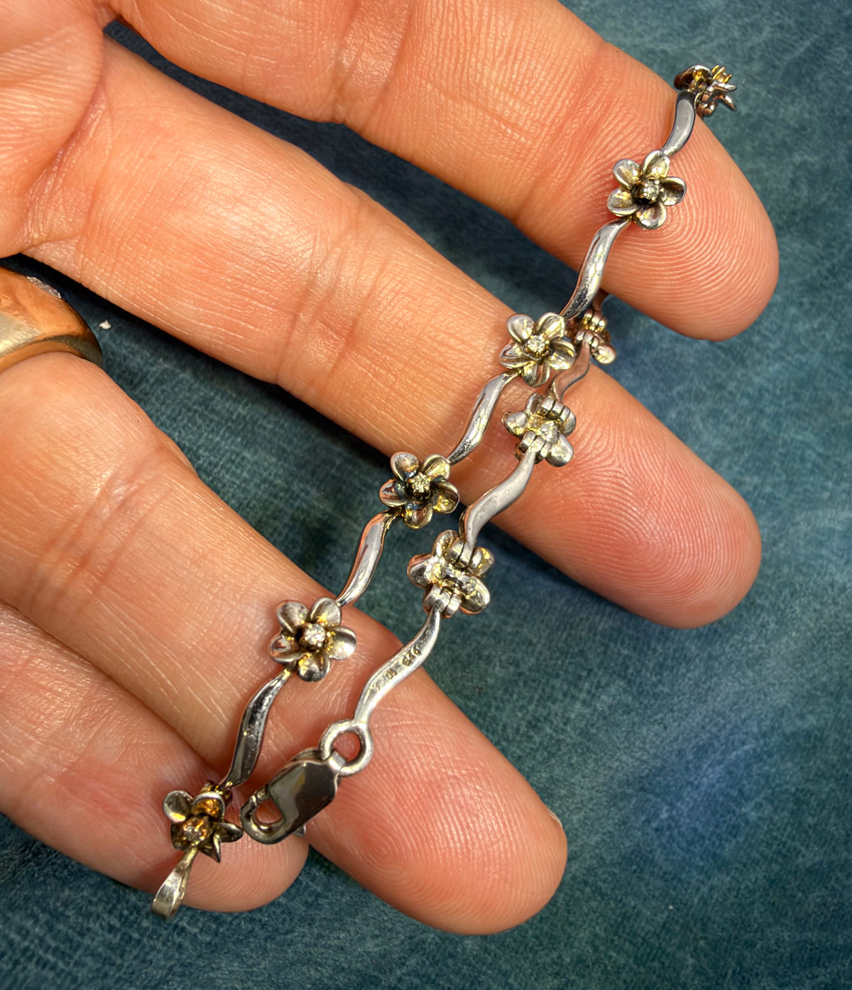 10k Yellow Gold + Sterling Silver Natural Diamond Flower Bracelet