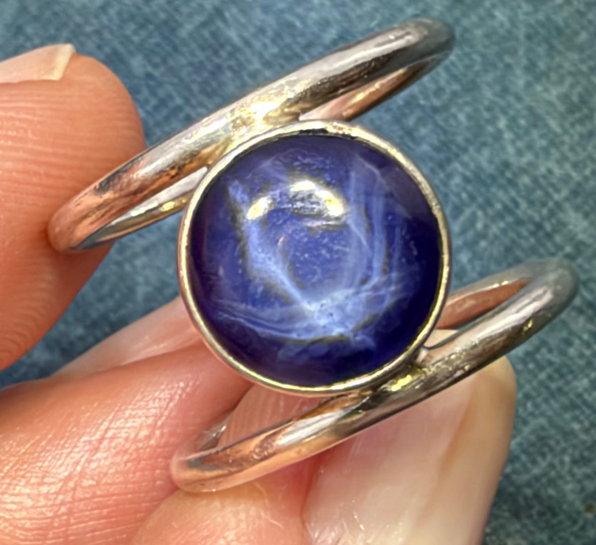 Blue Lindy Star Sapphire Double Ring in 925 Silver. Modern *Video*