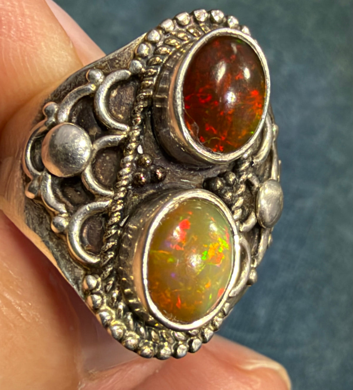 Mexican Boulder Fire Opal Double Stone Wide 925 Silver Ring. Bali Beads