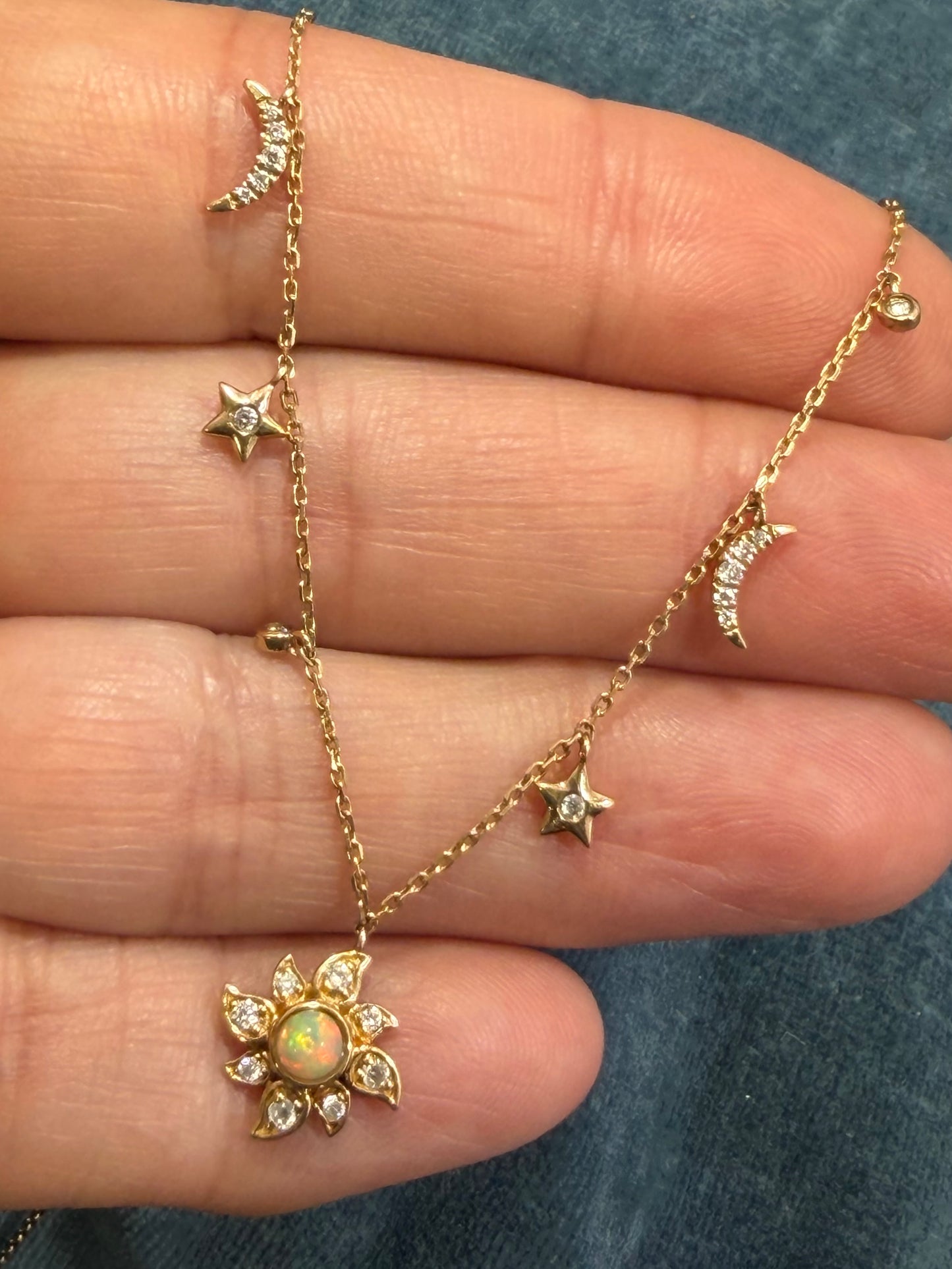 10k Gold Diamond + Opal Sun Moon Stars Pendants on 10k Necklace. TINY