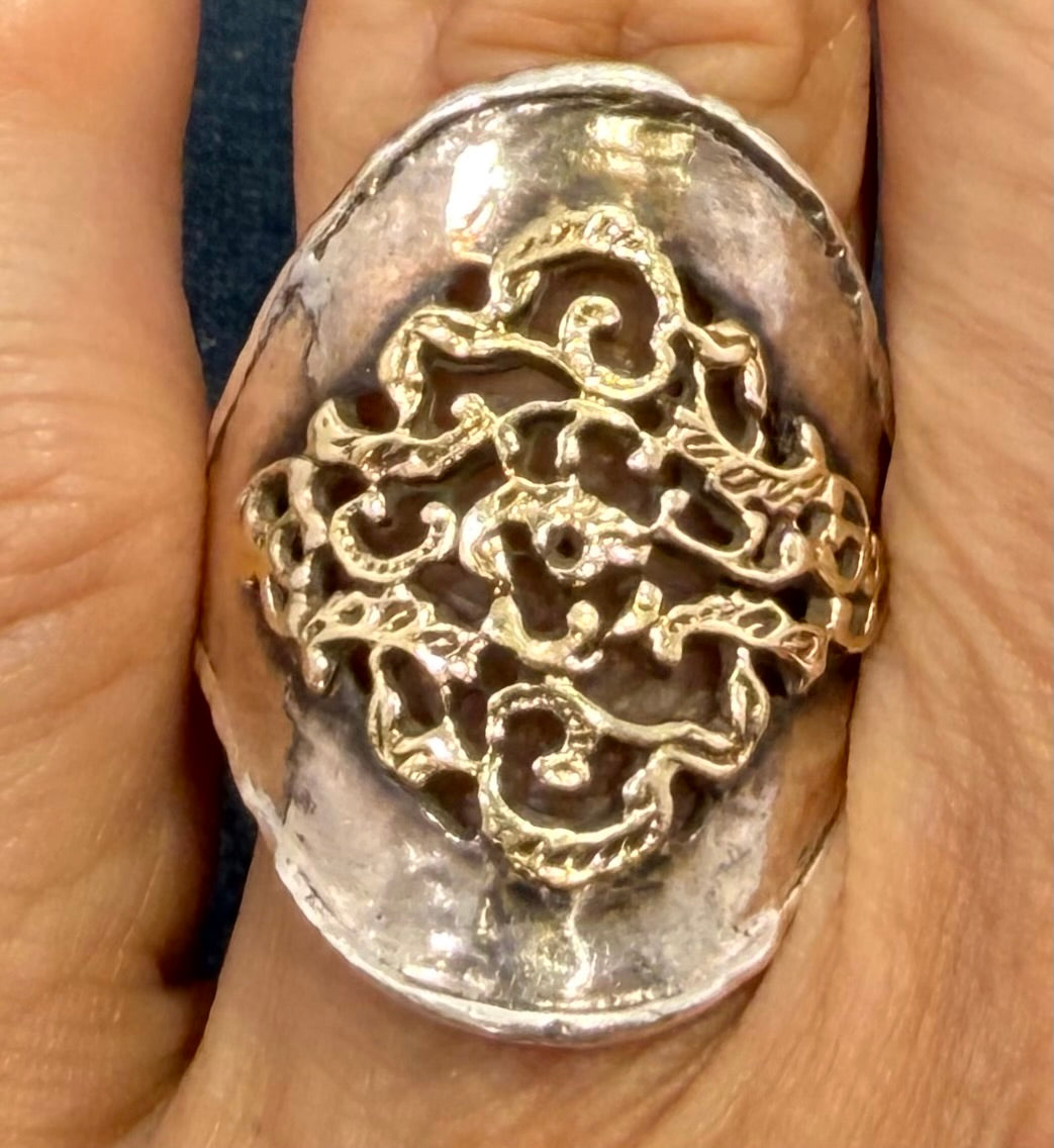 14k Yellow Gold + 925 Silver Wide Etruscan Filigree Ring. Designer