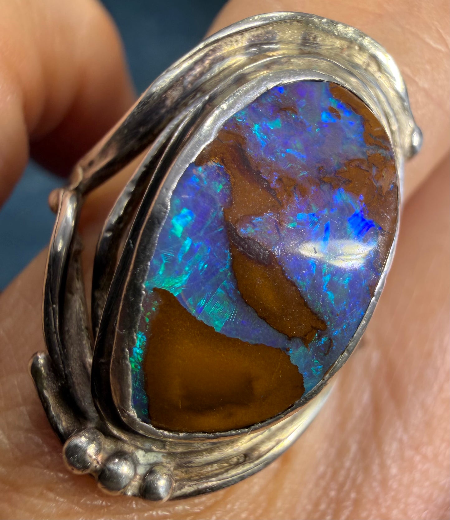 Lab-Created Blue Boulder Opal Ring in Sterling Silver. 1" *Video*
