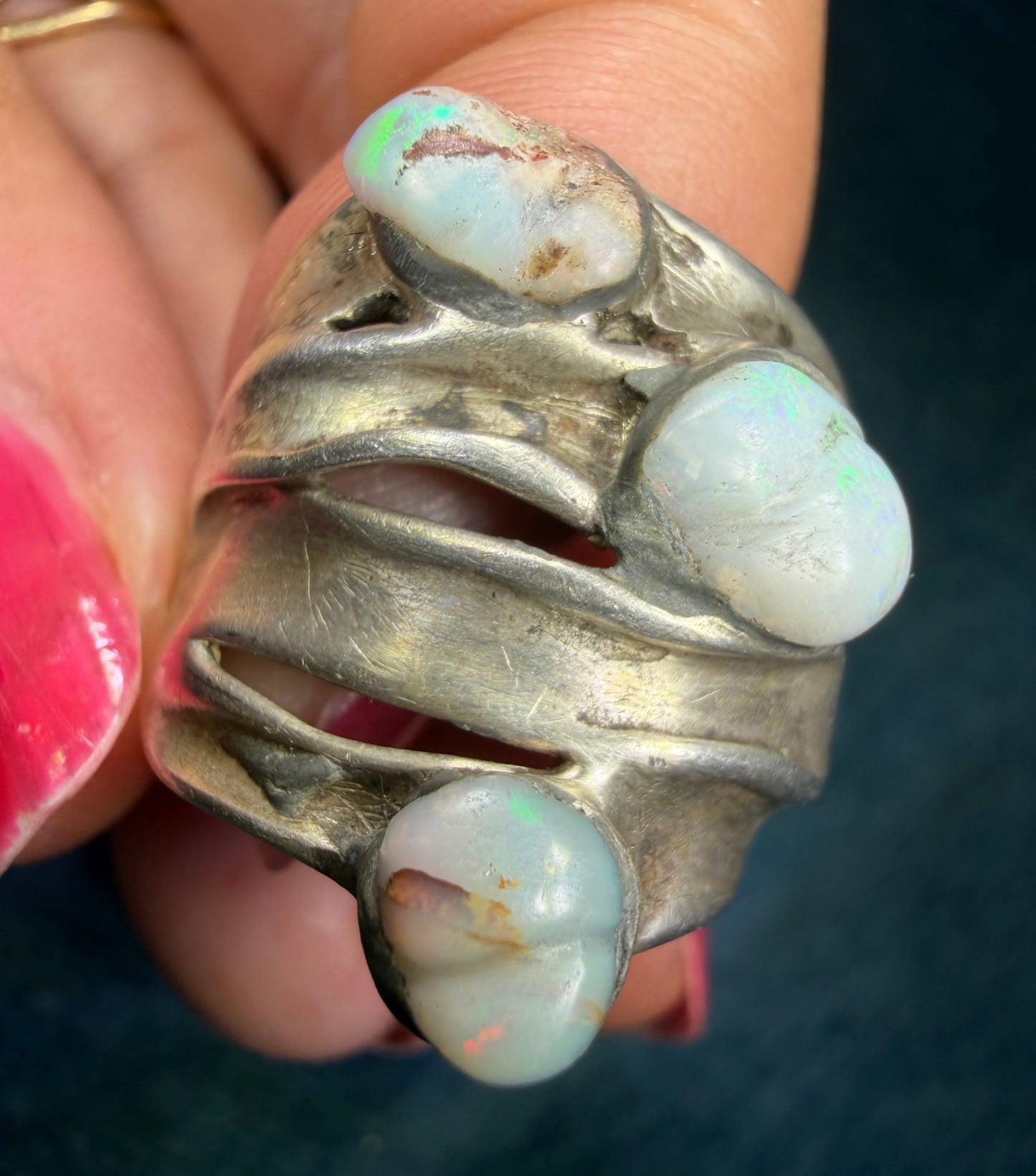 Australian Opal Multi-Band Stacked Sterling Silver Ring. Wide 0.8" + 9g *Video*