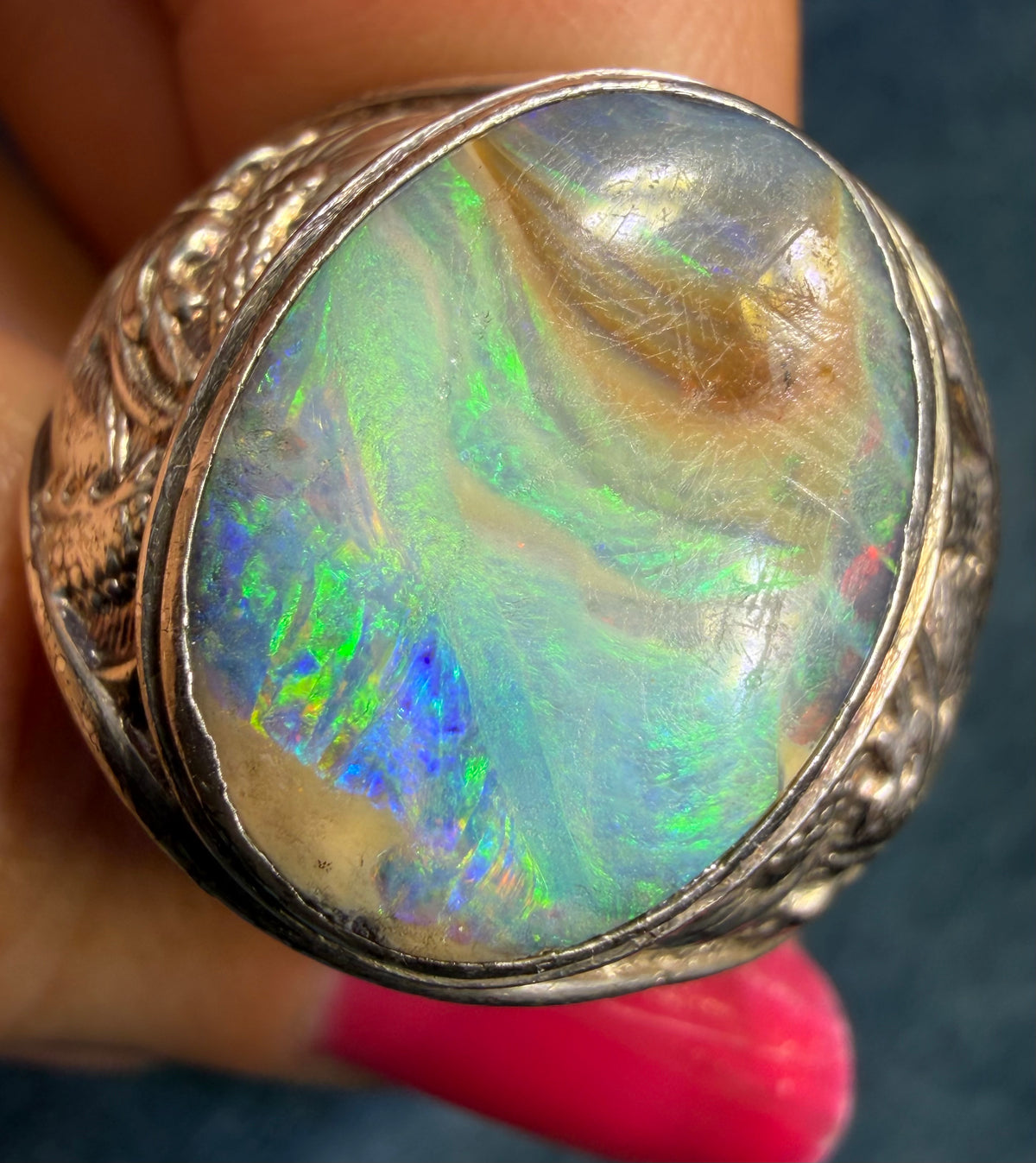 Australian Boulder Opal Silver Dragon Signet Ring. 3/4" + 10g *Video*