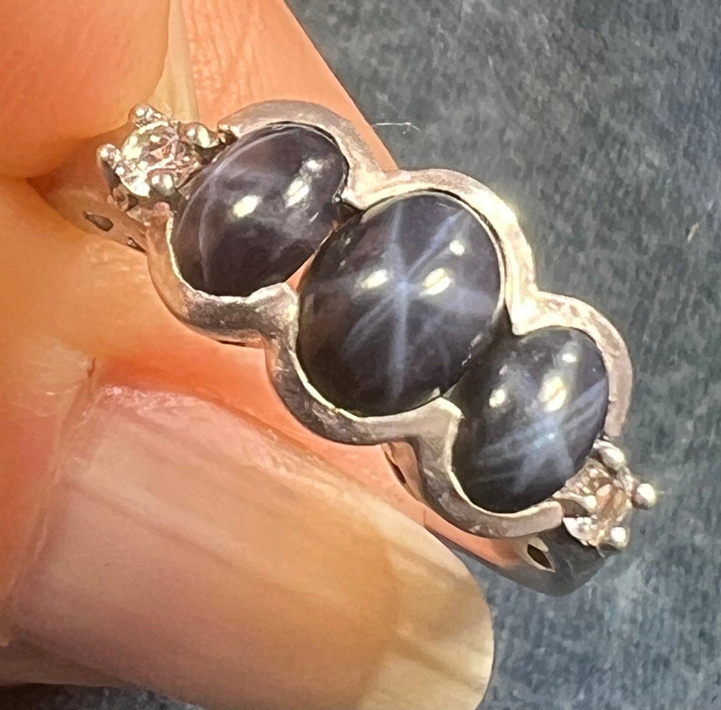 Natural Blue Star Sapphire 3 Gem Ring in 925 Sterling Silver *Video*