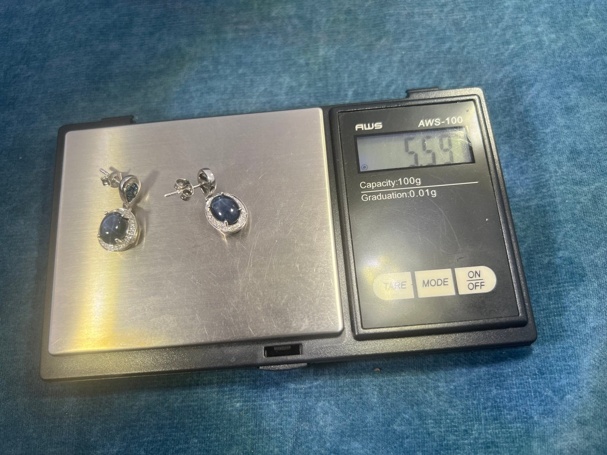 Natural Blue Star Sapphire + Diamond Earrings in 925 Silver *Video*