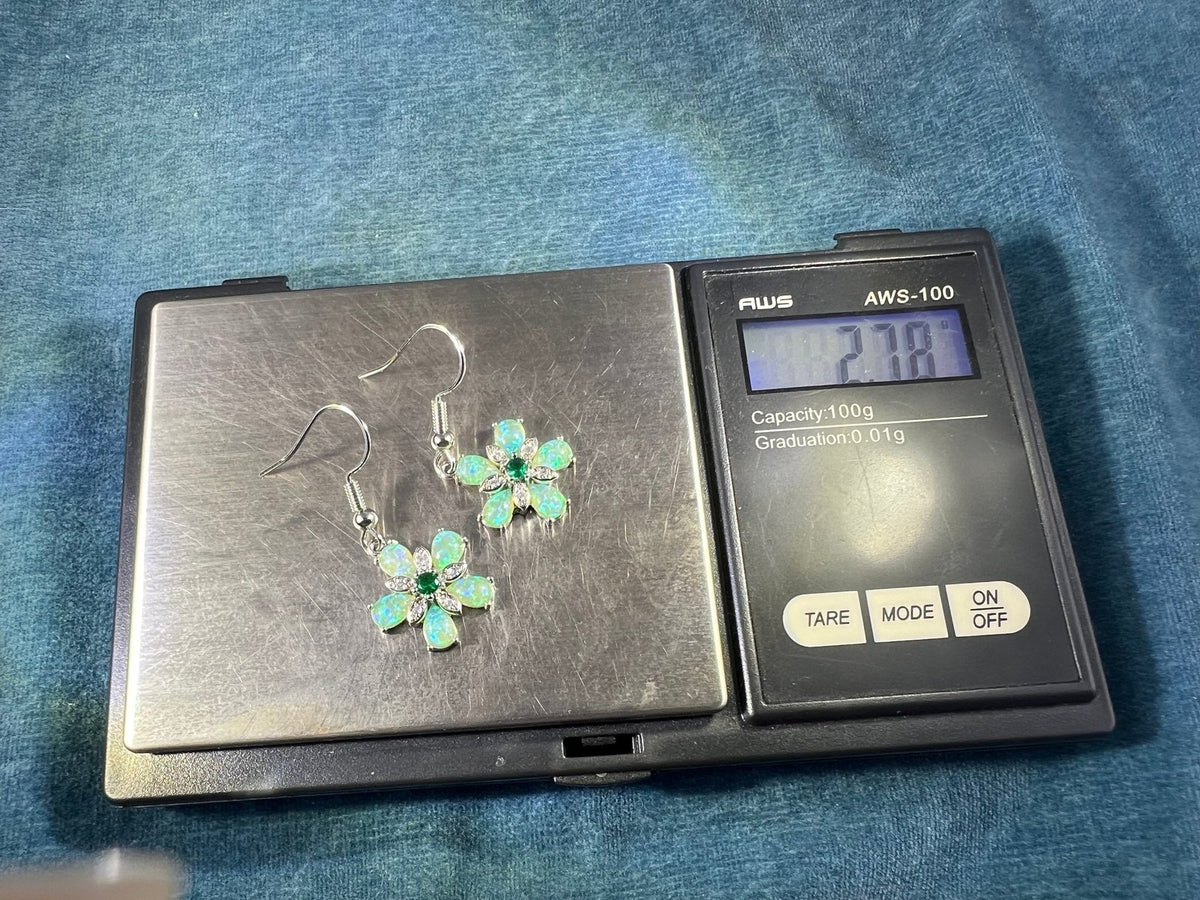 Natural Emerald + Lab Opal Flower Dangle Earrings