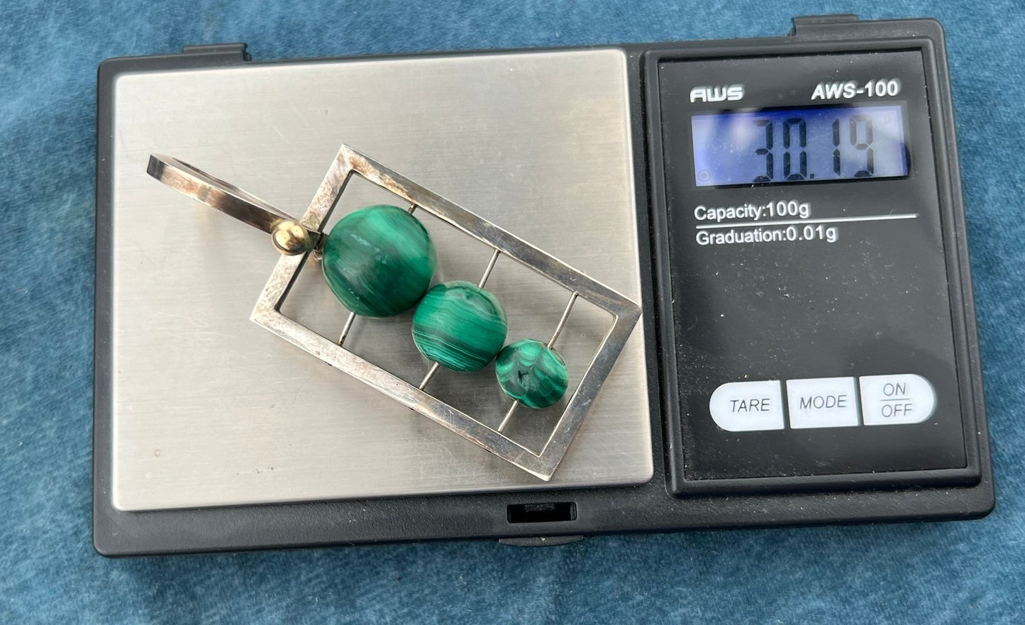 Silver + 14k Gold Modernist Malachite Ball Pendant. Kinetic 2.5" + 30g