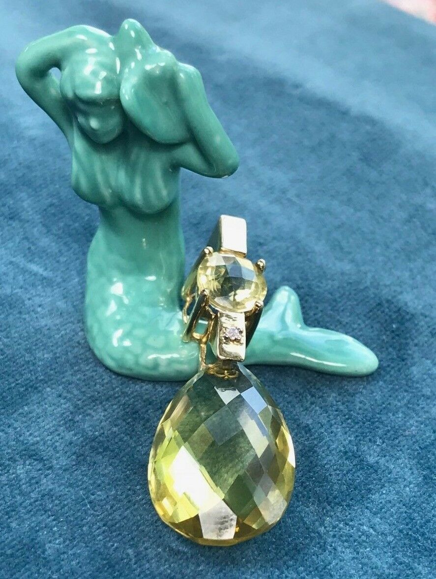 10K Yellow Gold Lemon Citrine, Peridot & Diamond Pendant. Large 1.7" 6.7g-K7L2J