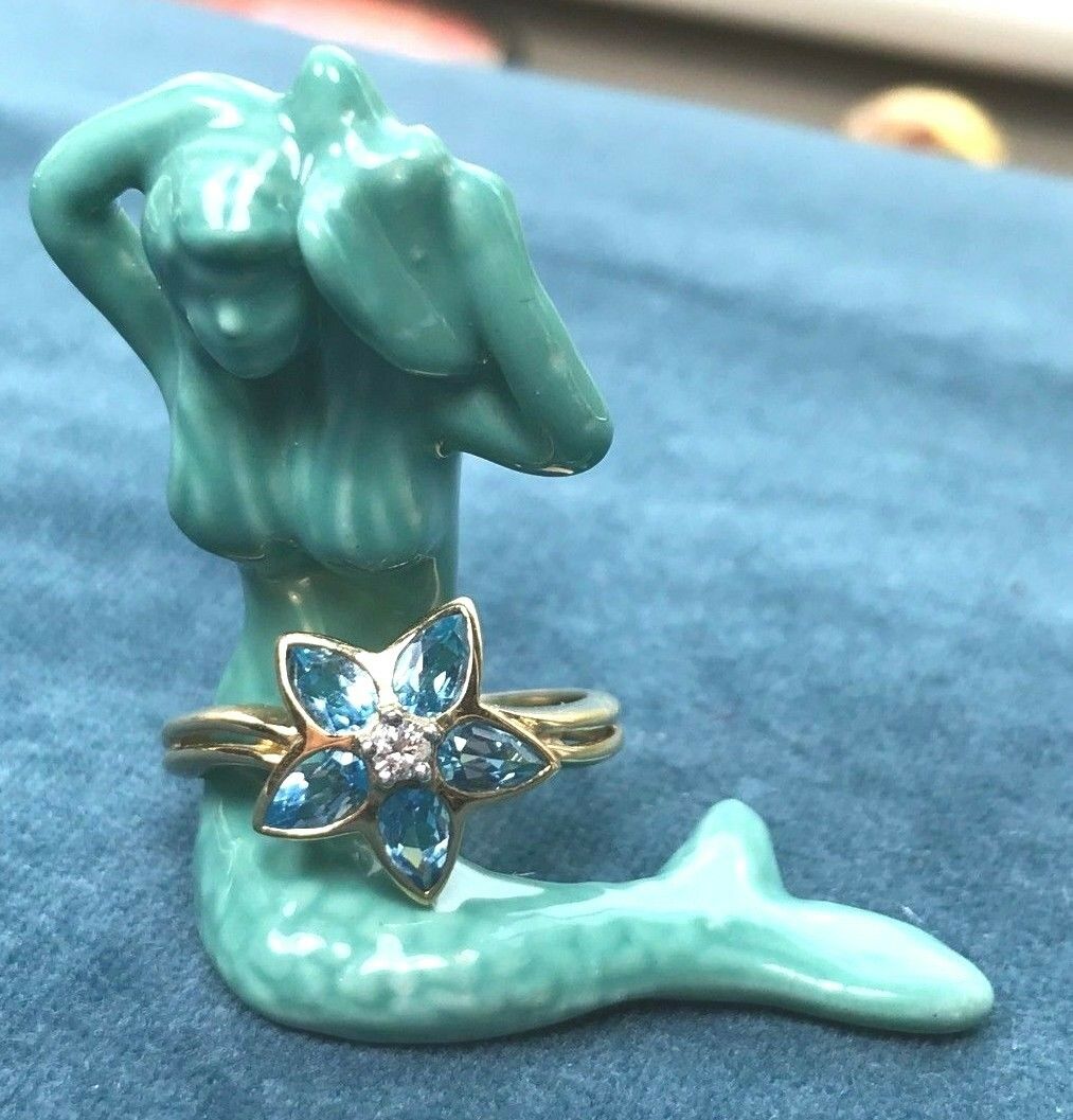 10K Yellow Gold Ring w Natural Diamond & Blue Topaz StarFlower. Bezel-Set-K7L6J